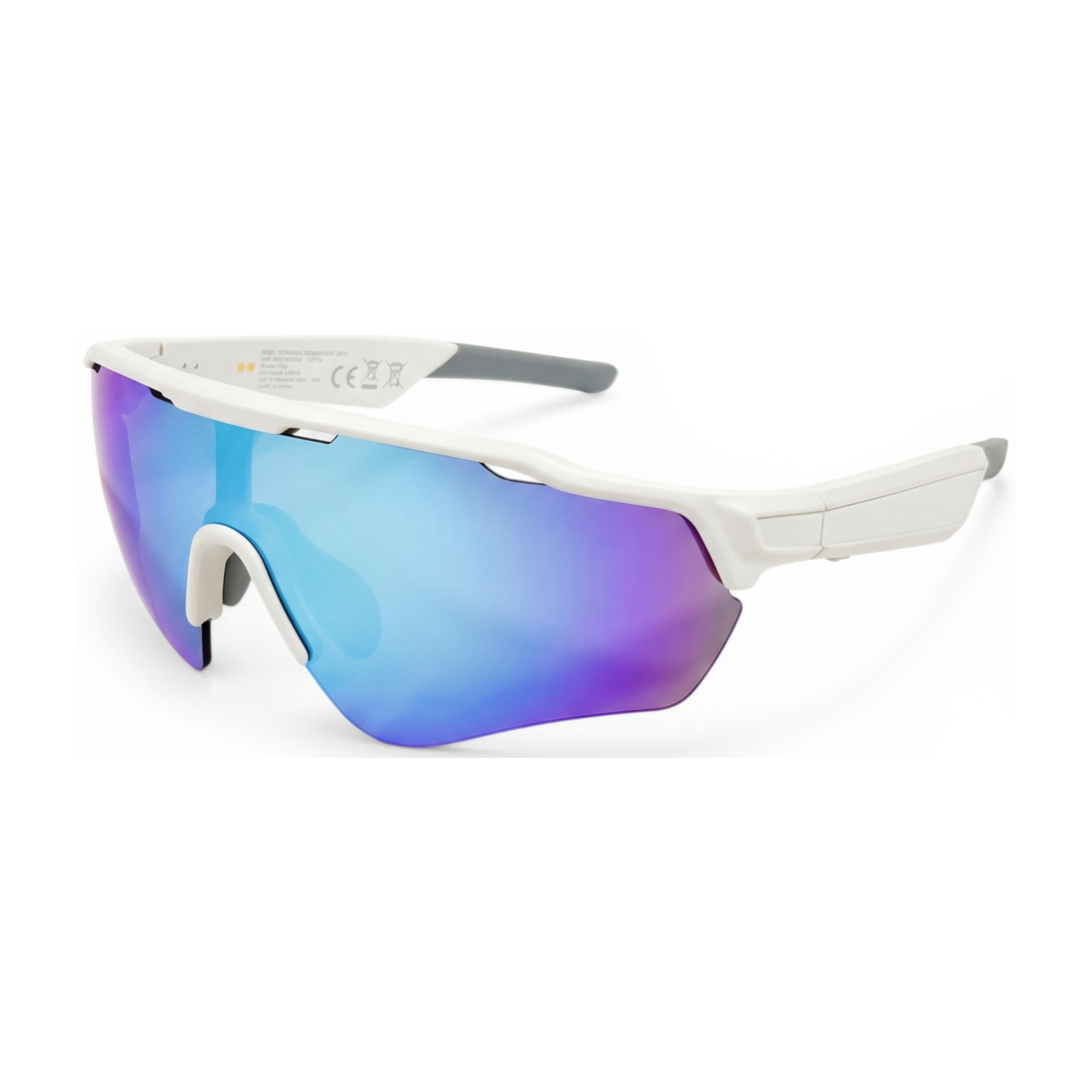 Occhiali da sole sportivi bianchi con lenti a specchio blu e viola.