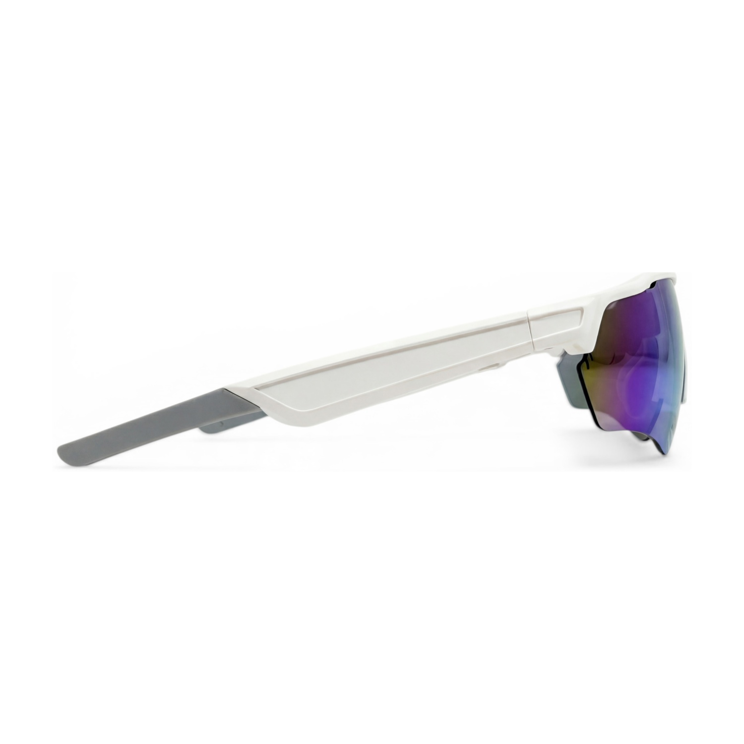 Occhiali sportivi bianchi con lenti viola a specchio e stanghetta grigia.