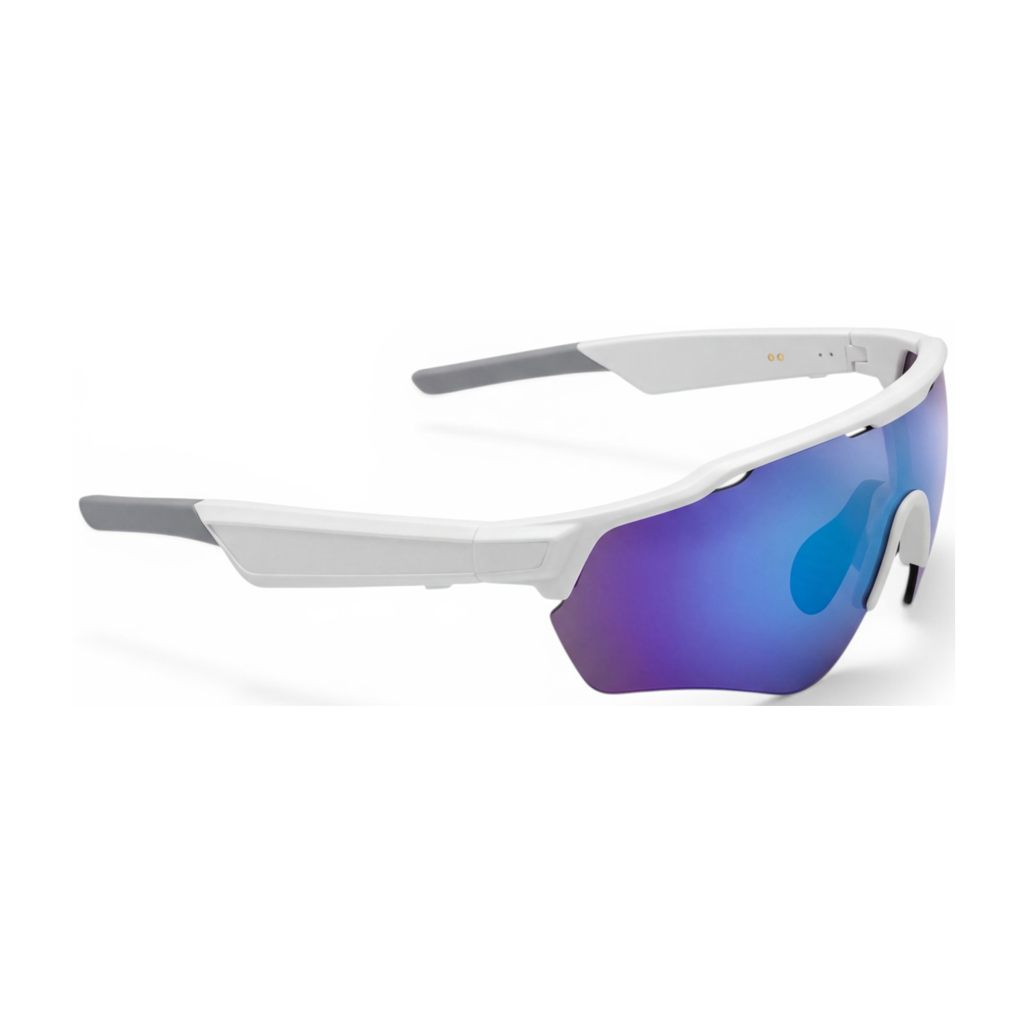 Occhiali da sole sportivi bianchi con lenti a specchio blu e aste grigie.