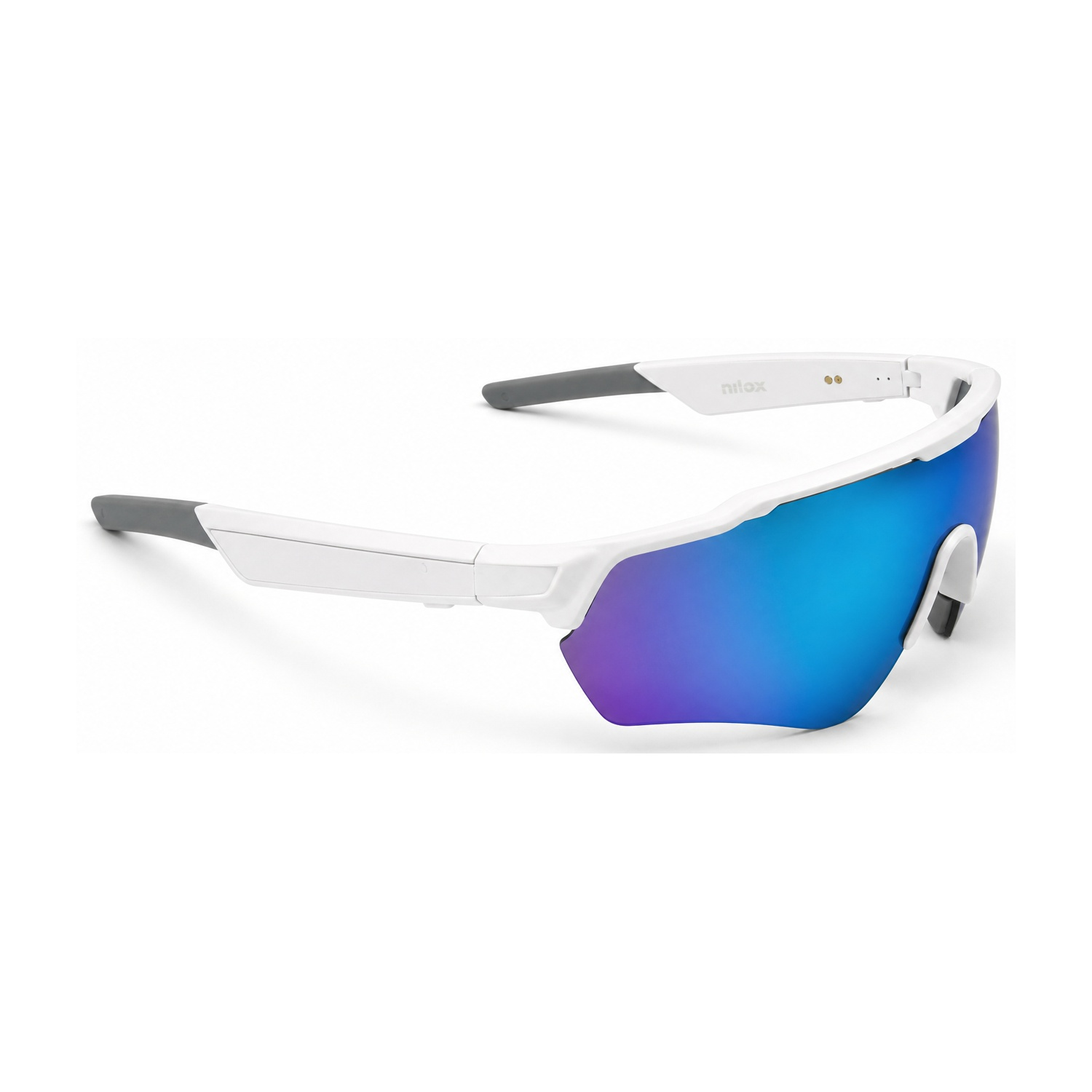 Occhiali sportivi bianchi con lenti blu a specchio e punte grigie.