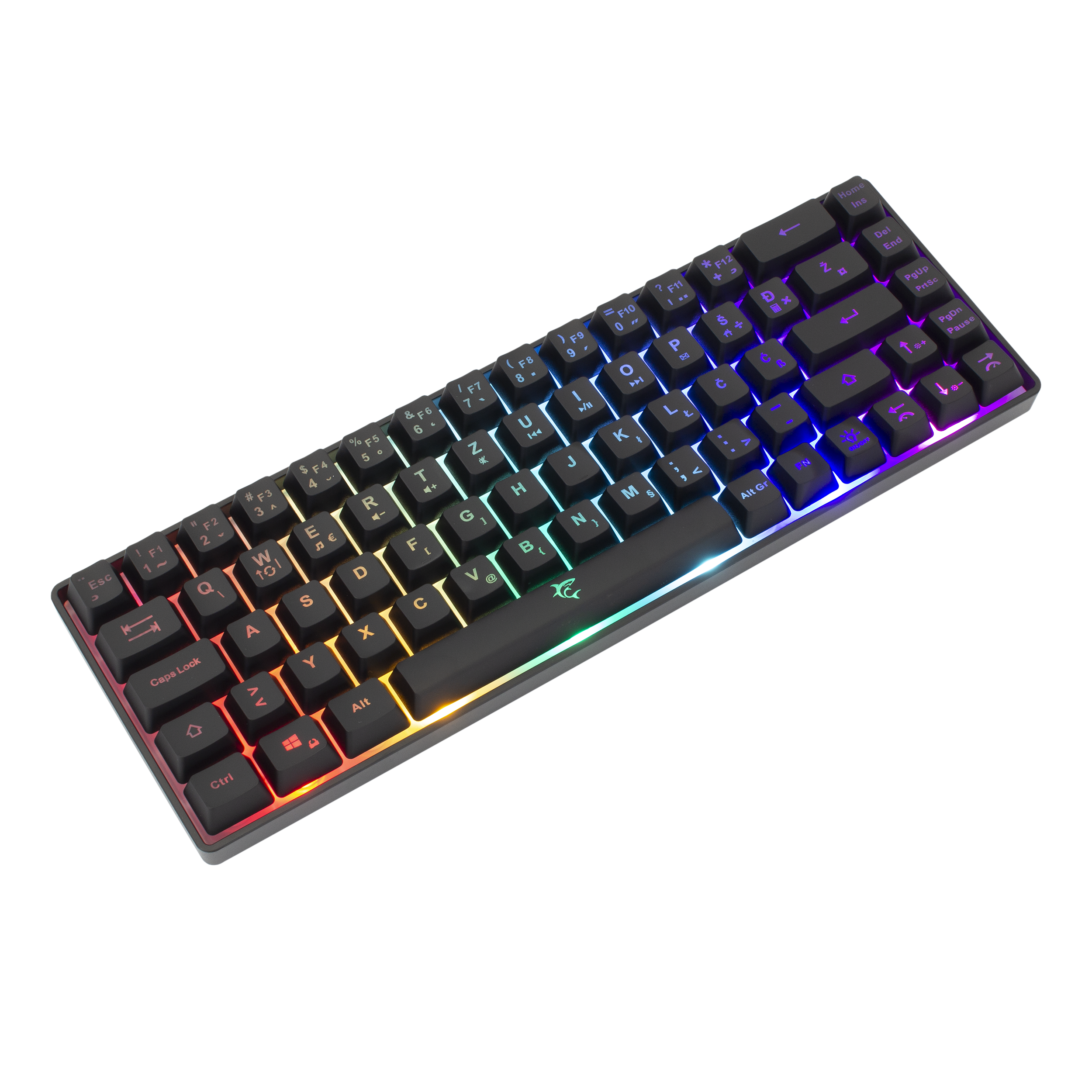 Fekete billentyűzet RGB világítással fekete háttéren.