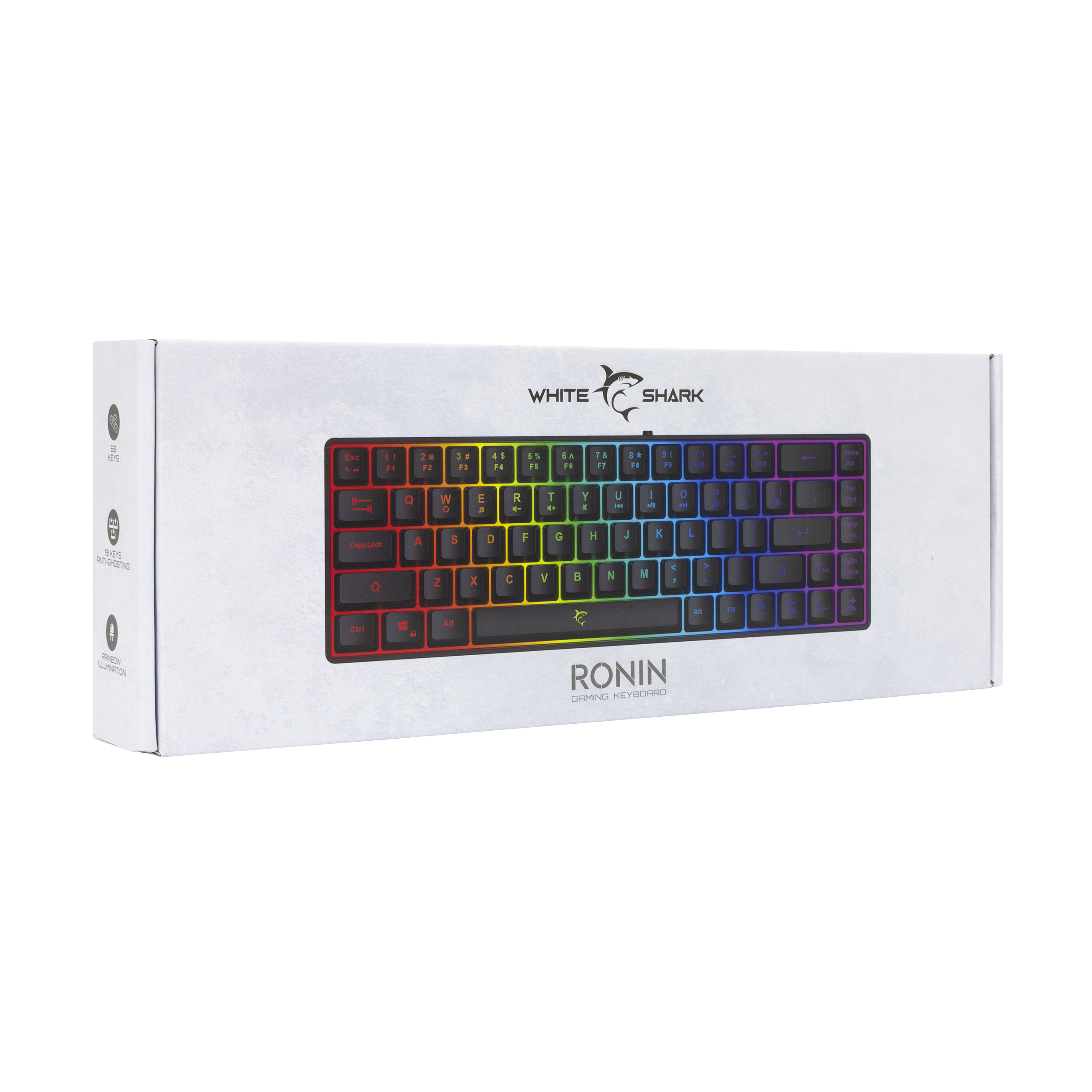 Egy fehér doboz, amelyen szivárványos világítású gamer billentyűzet látható.