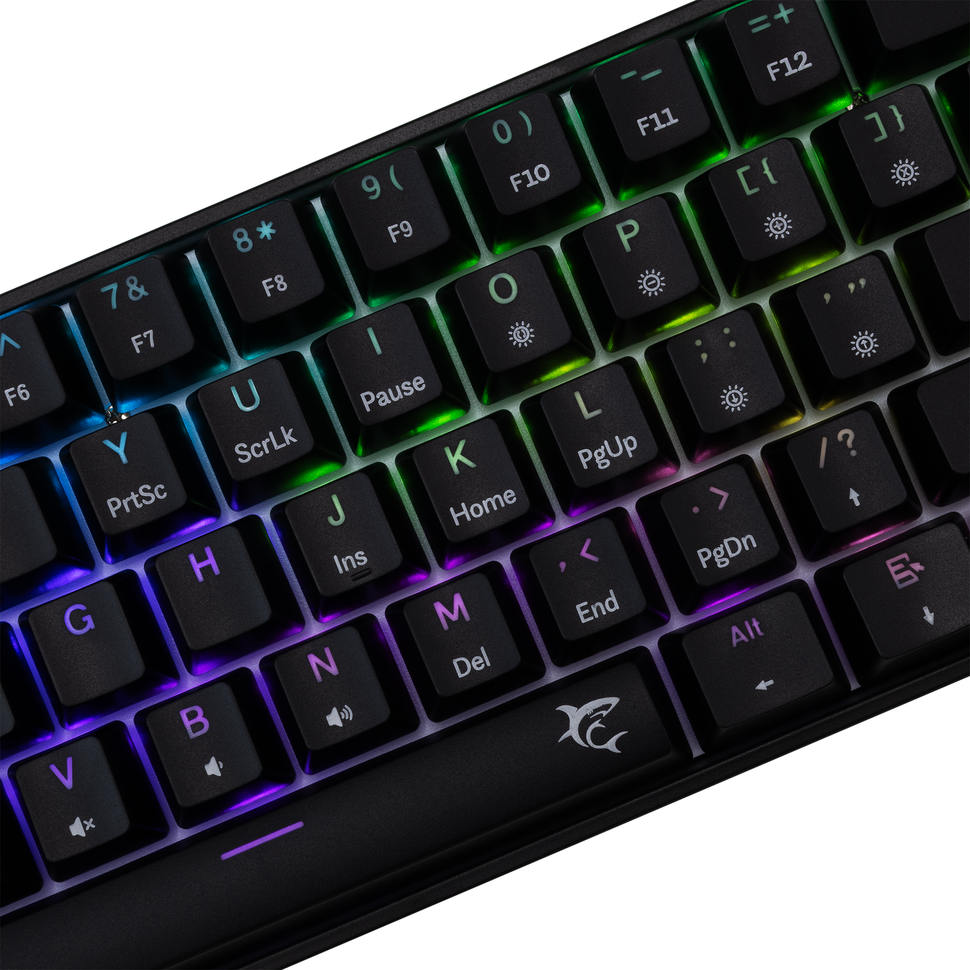 Fekete billentyűzet RGB háttérvilágítással. A gombok betűket, számokat és funkciógombokat tartalmaznak.
