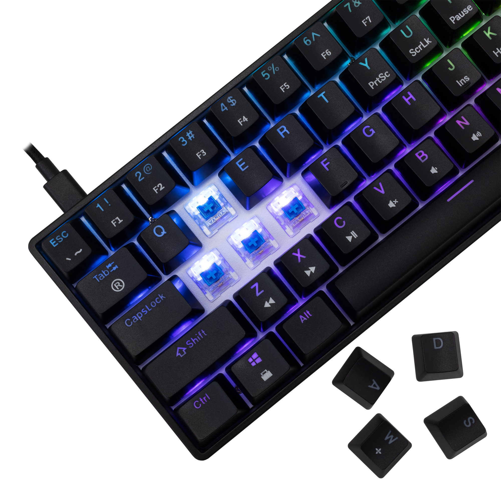 Fekete billentyűzet kék kapcsolókkal és RGB világítással.