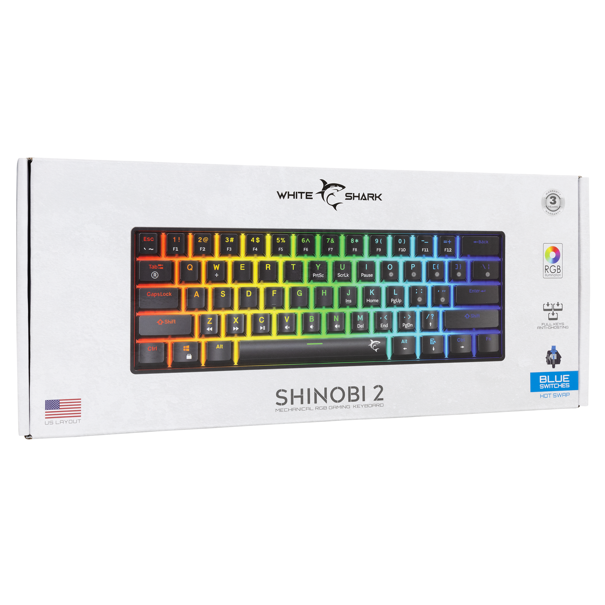 White Shark Shinobi 2 billentyűzet csomagolás RGB világítással.