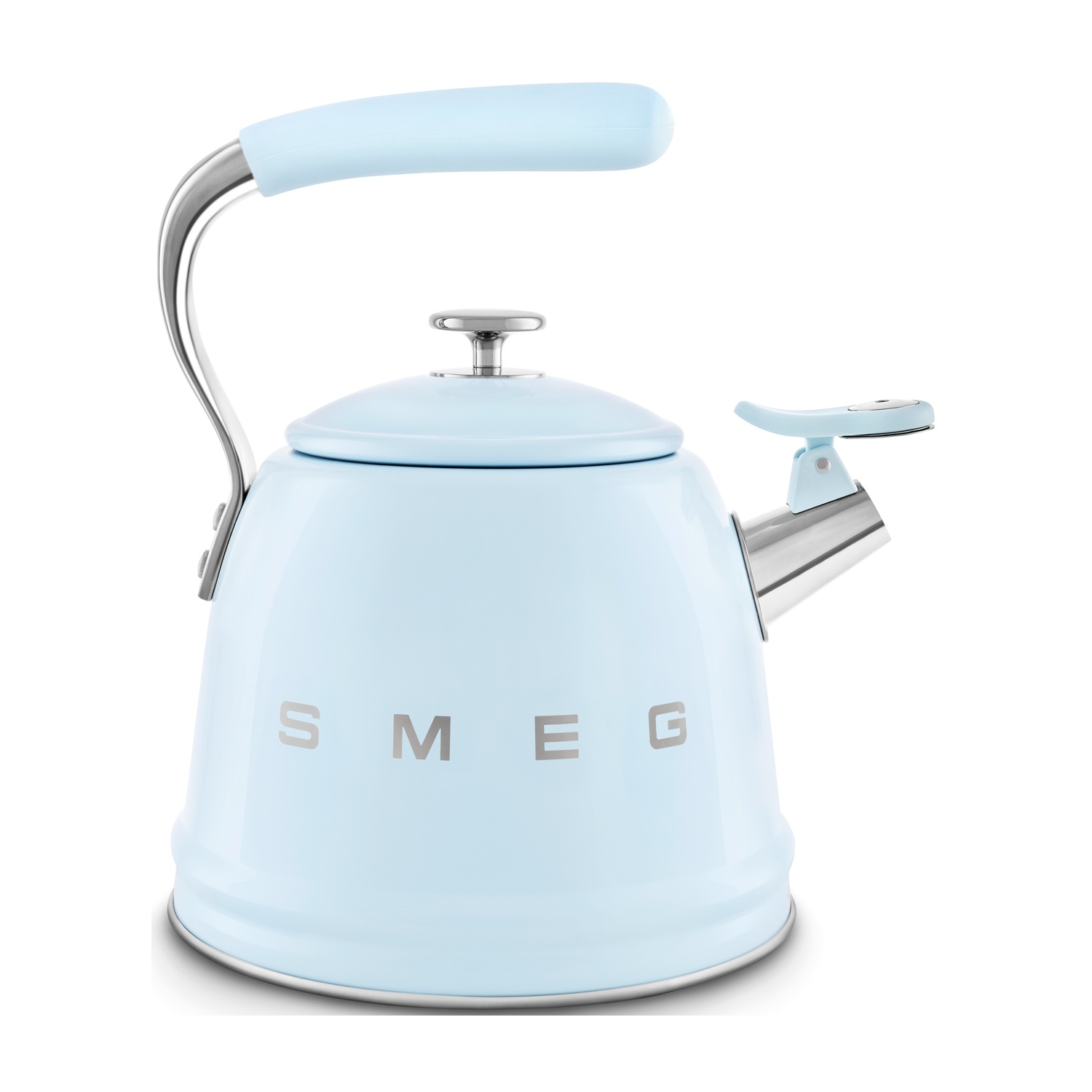 Bollitore SMEG azzurro con manico e coperchio argentati.