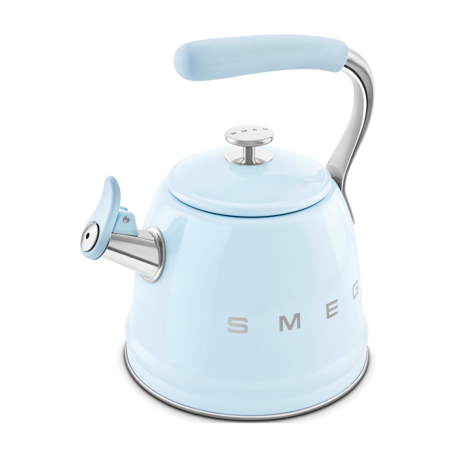 Un bollitore SMEG azzurro con manico e coperchio argentati.