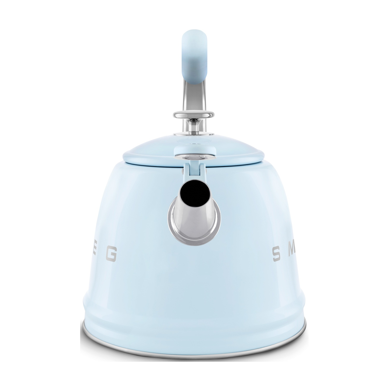 Un bollitore Smeg azzurro con manico e beccuccio argentati, su sfondo bianco.