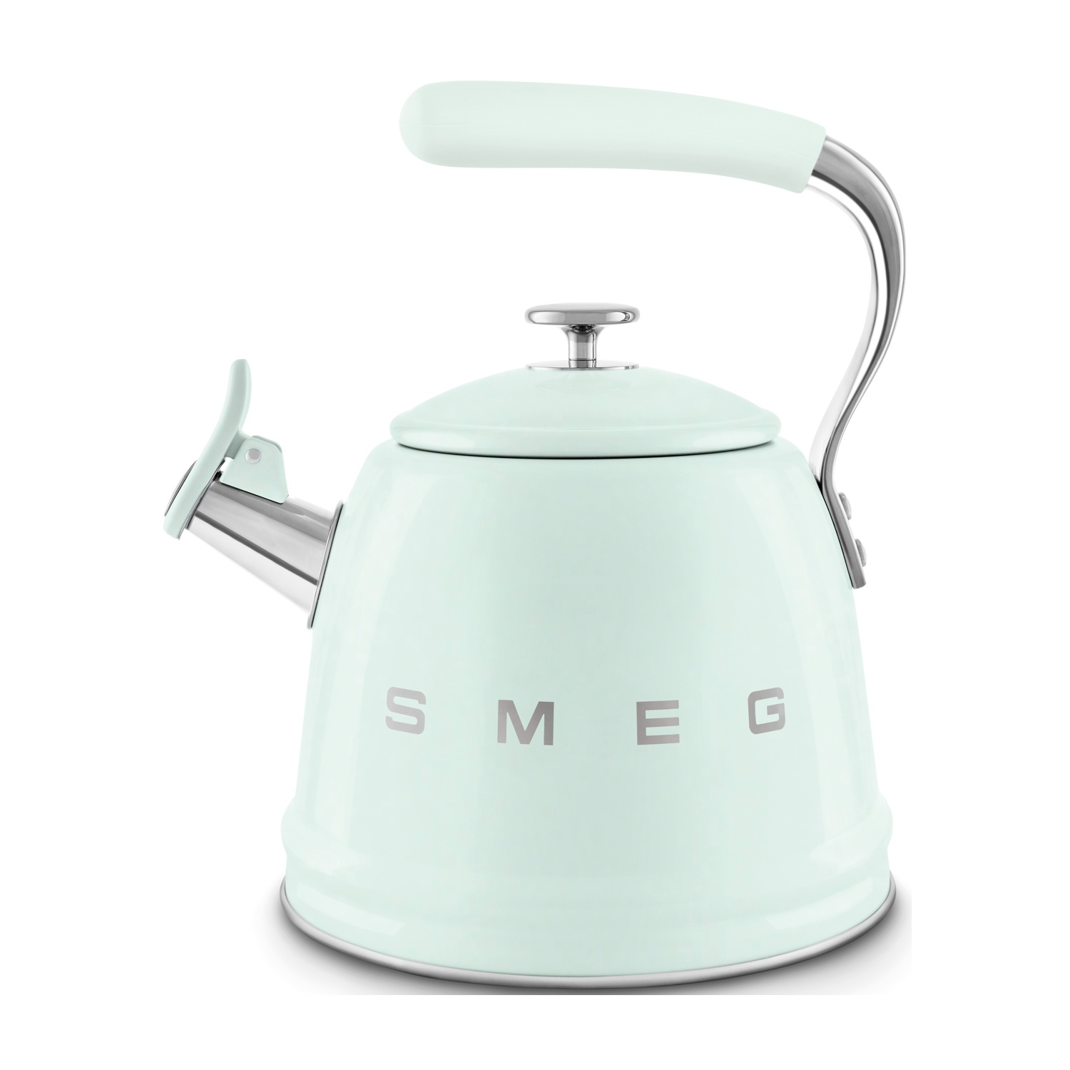 Un bollitore Smeg verde chiaro con manico e coperchio argentati.
