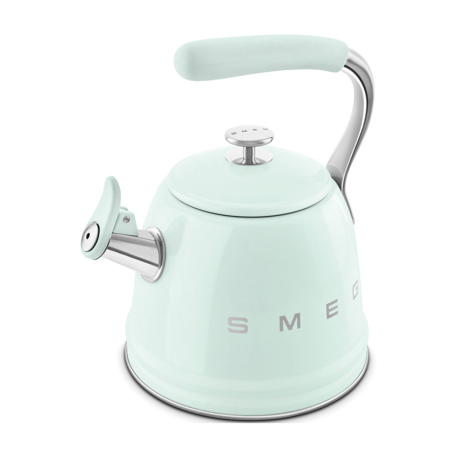 Un bollitore verde chiaro con accenti argentati e un manico.