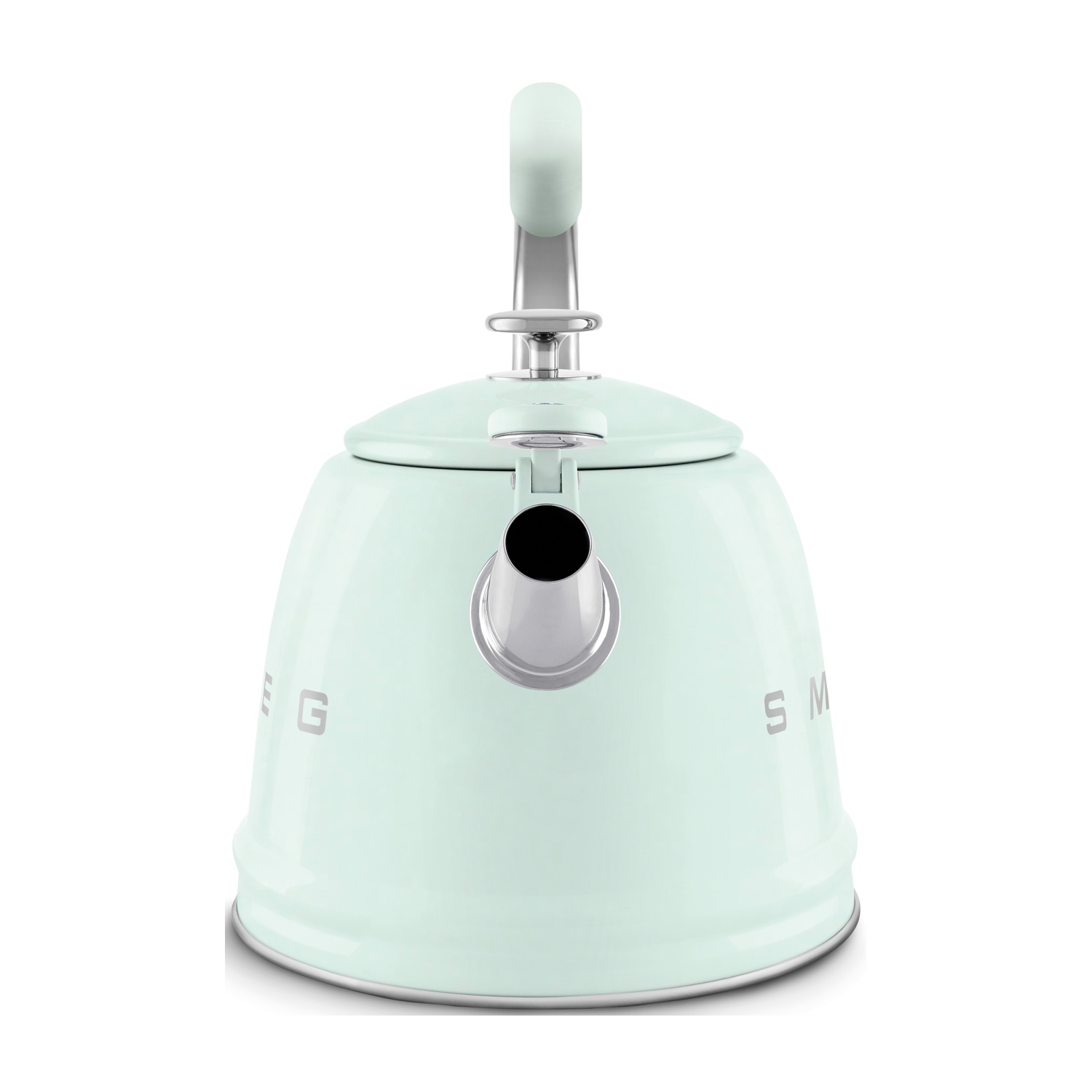 Un bollitore Smeg verde pastello con manico e beccuccio su sfondo bianco.