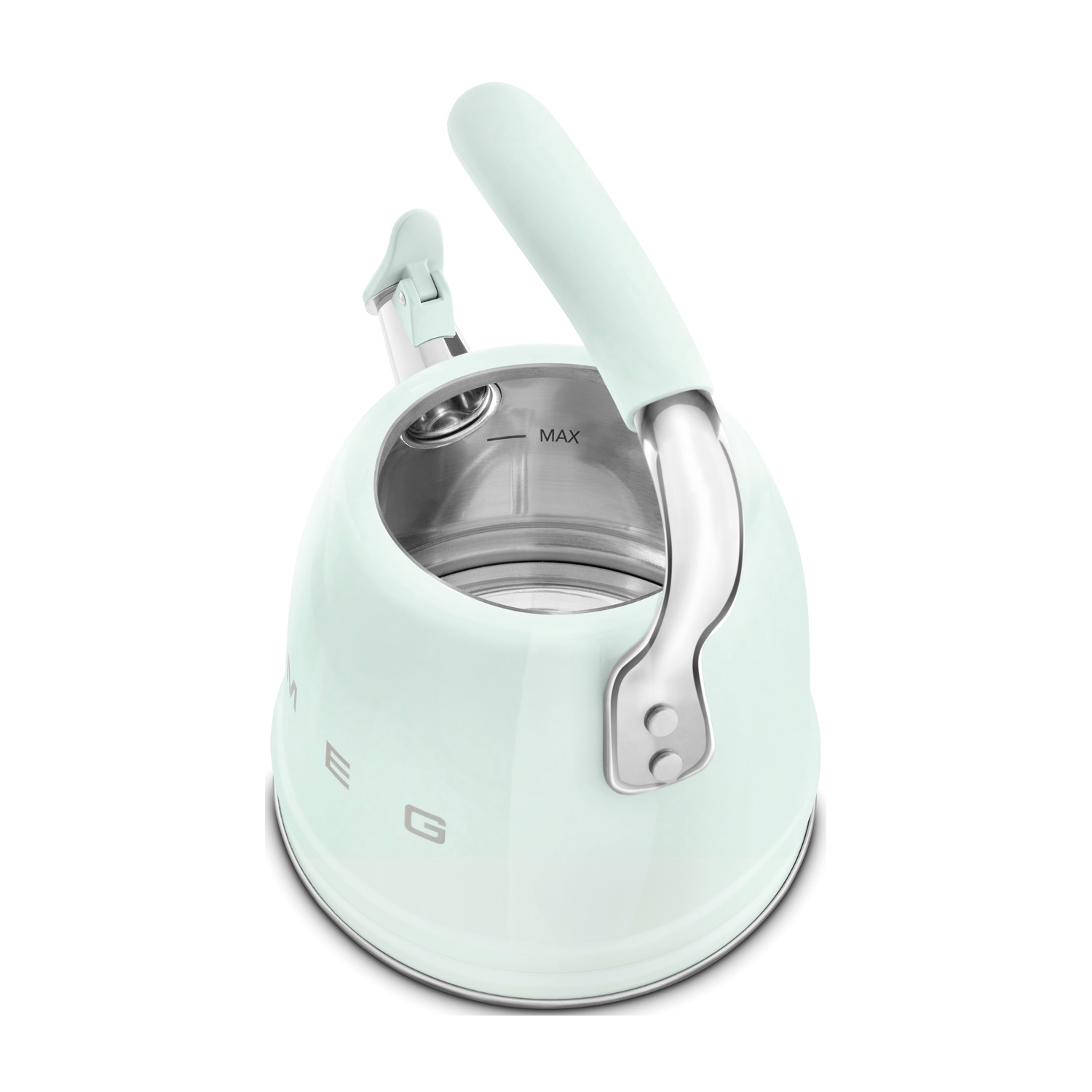 Bollitore SMEG verde chiaro con manico e coperchio argentati, su sfondo bianco.
