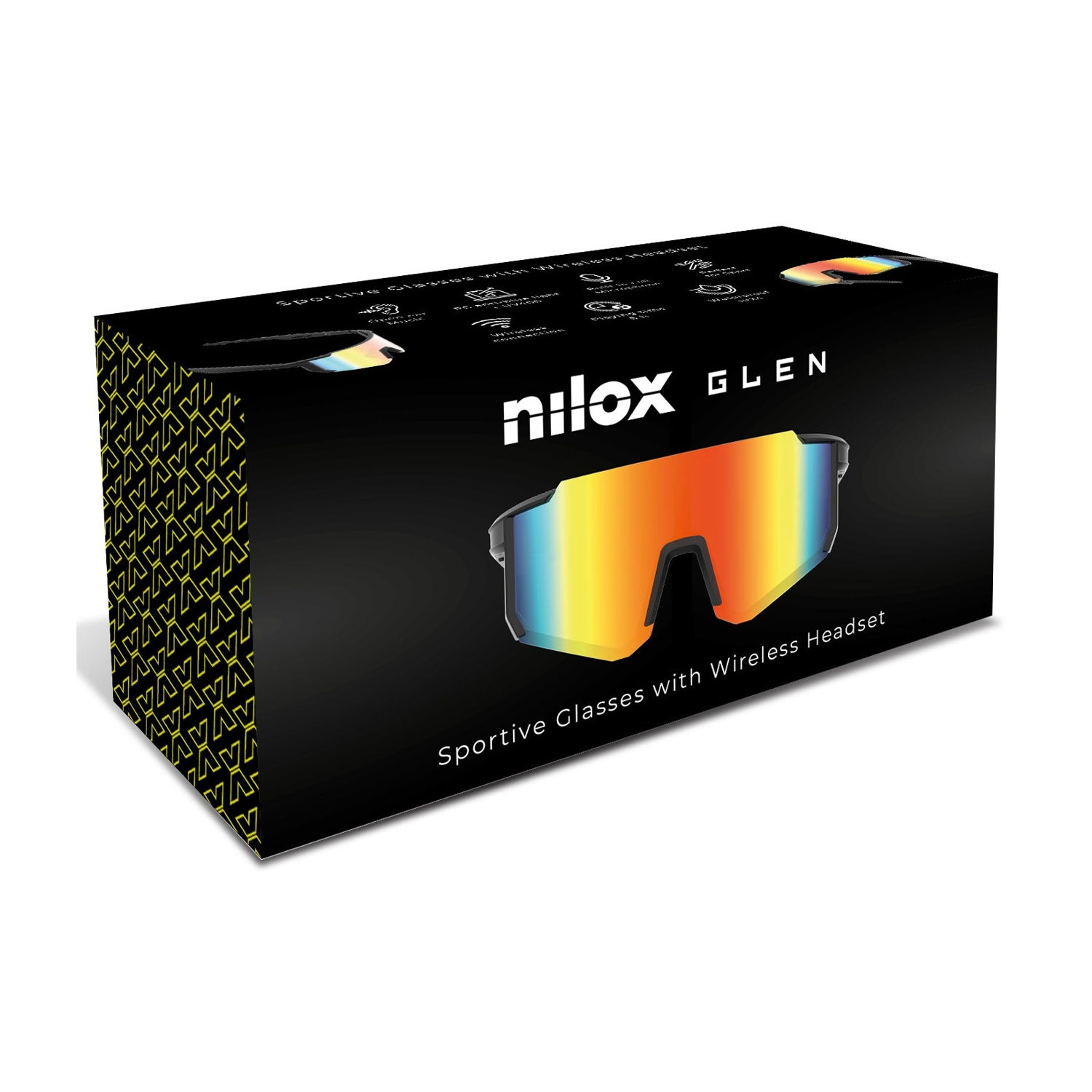 Confezione occhiali sportivi Nilox con auricolare wireless, lenti arancio e giallo.