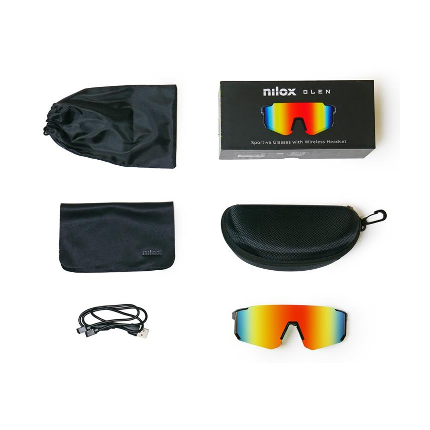 Set occhiali sportivi con cavo di ricarica e custodie.