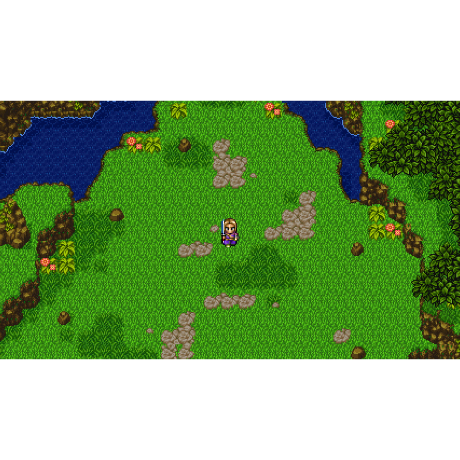 A pixel character stands on a green field next to a river.