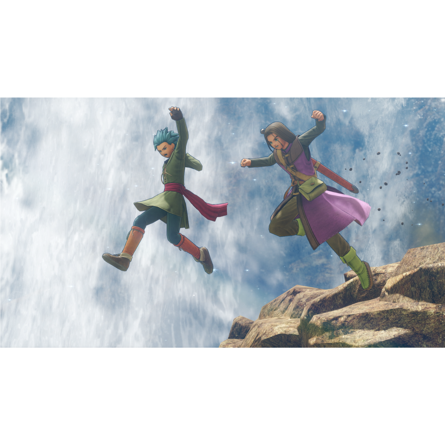 Two men jump in the air with a waterfall behind them and rocky ground.