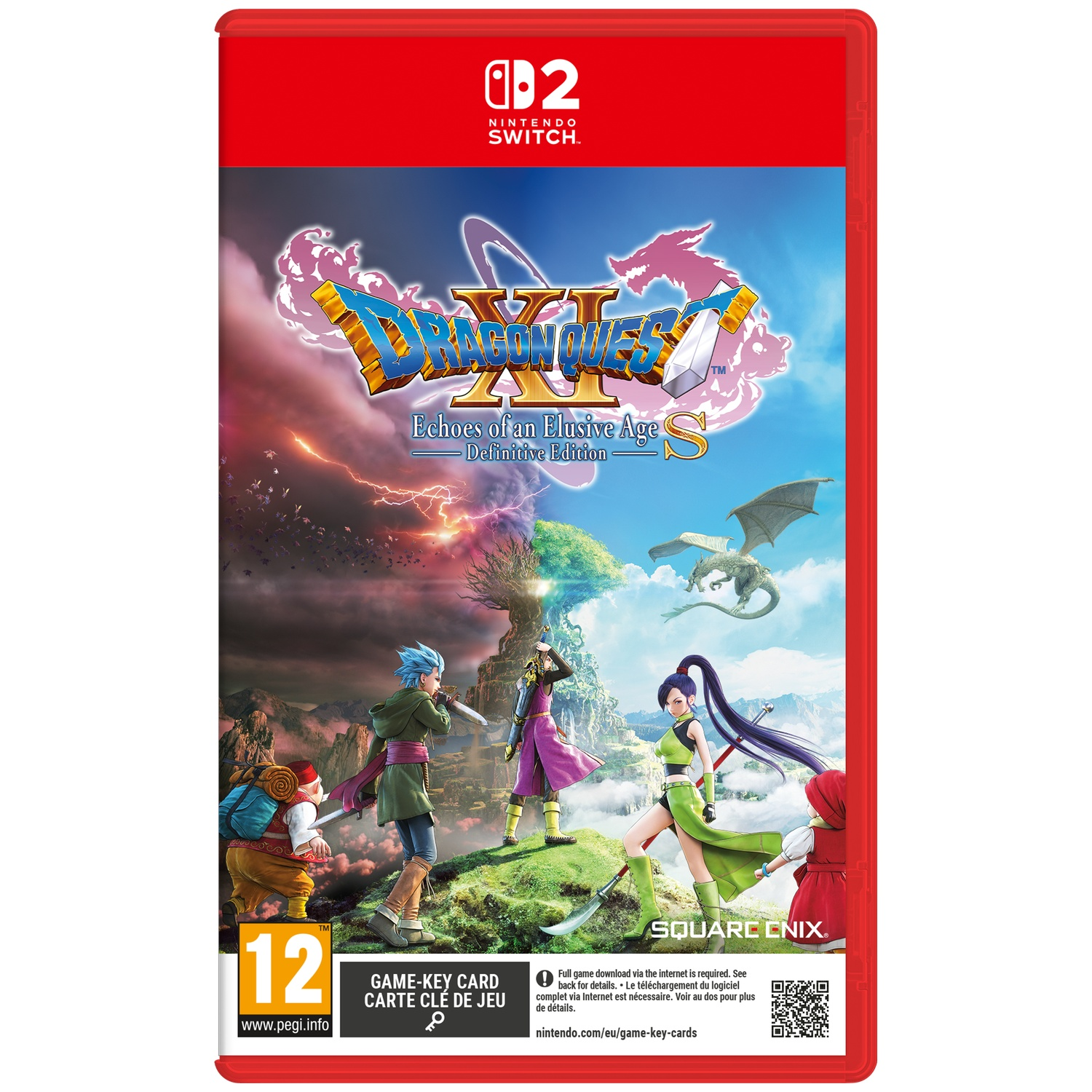 Couverture Dragon Quest XI S: Echoes of an Elusive Age. Personnages et dragons dans paysage.