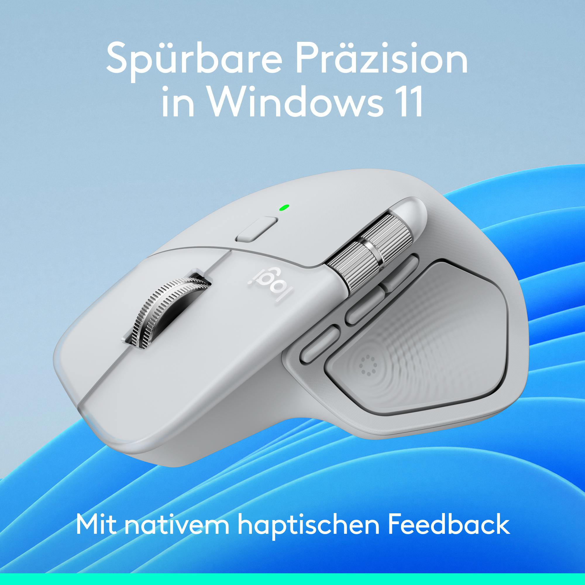 Eine weiße Logitech Maus mit einem Mausrad und Scrollrad, steht vor einem blauen Hintergrund.