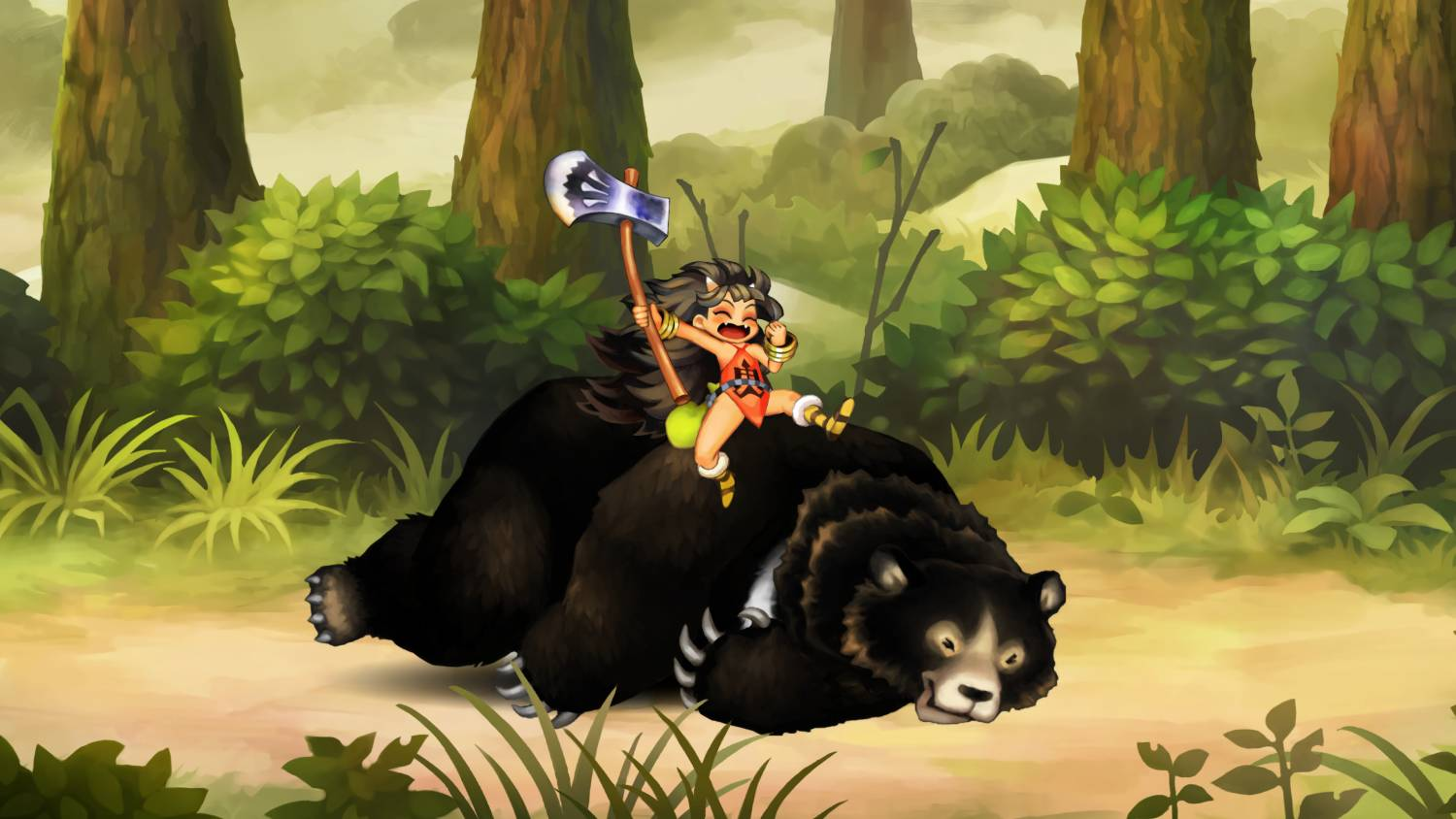 Una niña pequeña con un hacha monta un oso negro por un bosque.