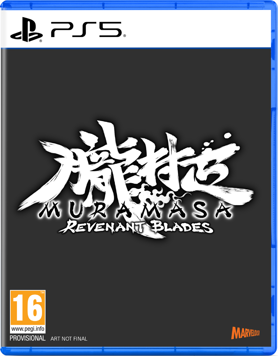 Caja de juego PS5 con texto blanco sobre fondo negro. PEGI 16.