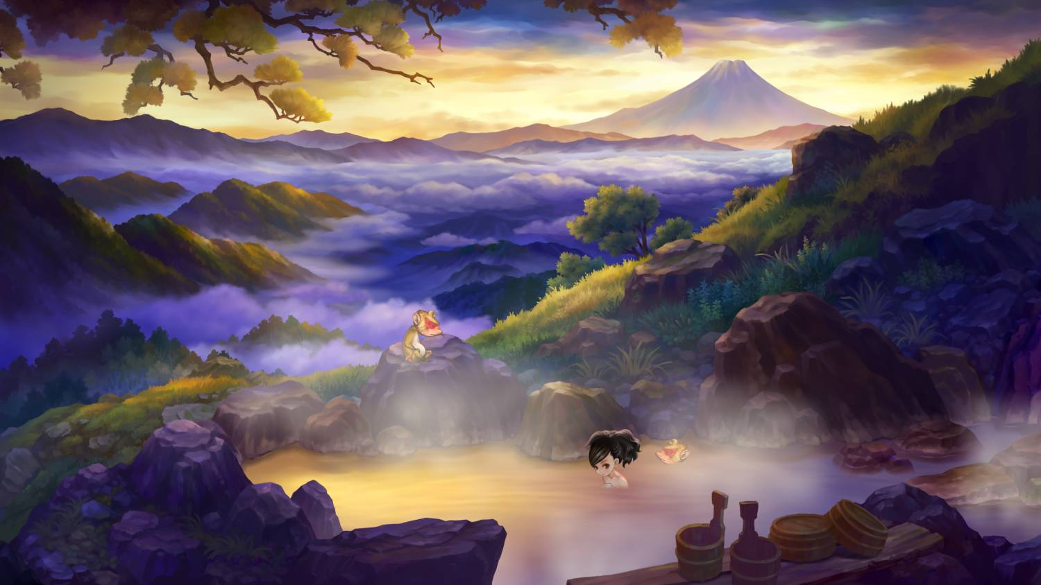 Una persona en un manantial termal con vista a montañas neblinosas y el Monte Fuji.