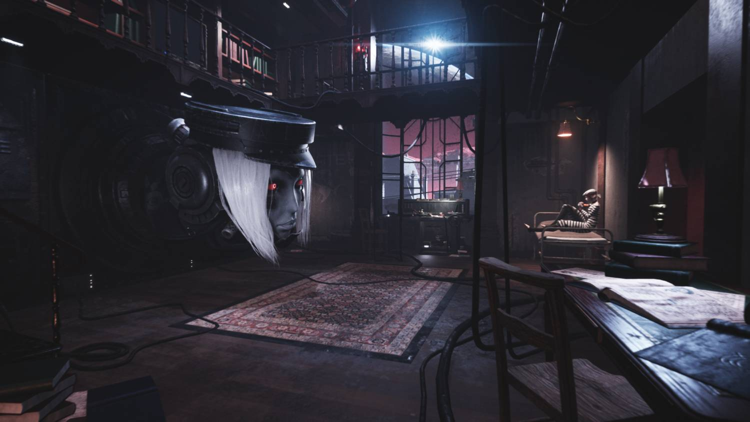 Habitación oscura con cabeza de robot gigante, persona con ropa de rayas y libros.