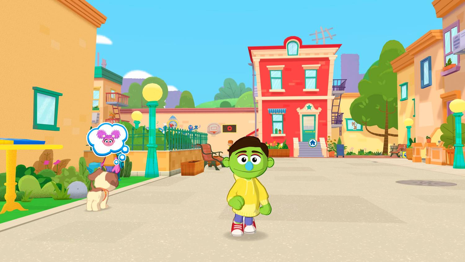 Un chico verde y un perro en un colorido entorno urbano con casas y árboles.