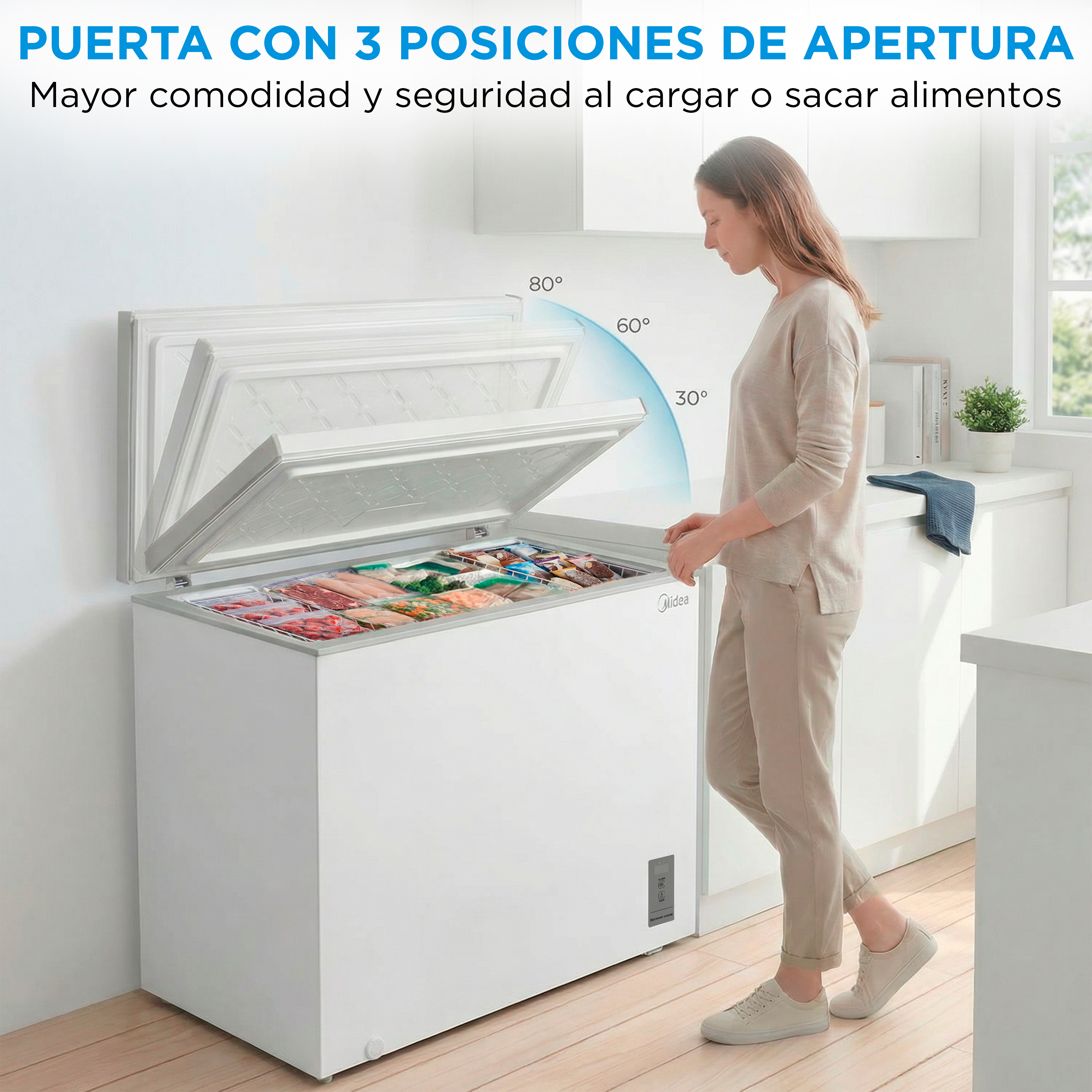 Una mujer abre un congelador horizontal blanco lleno de comida. Ángulos de apertura marcados.