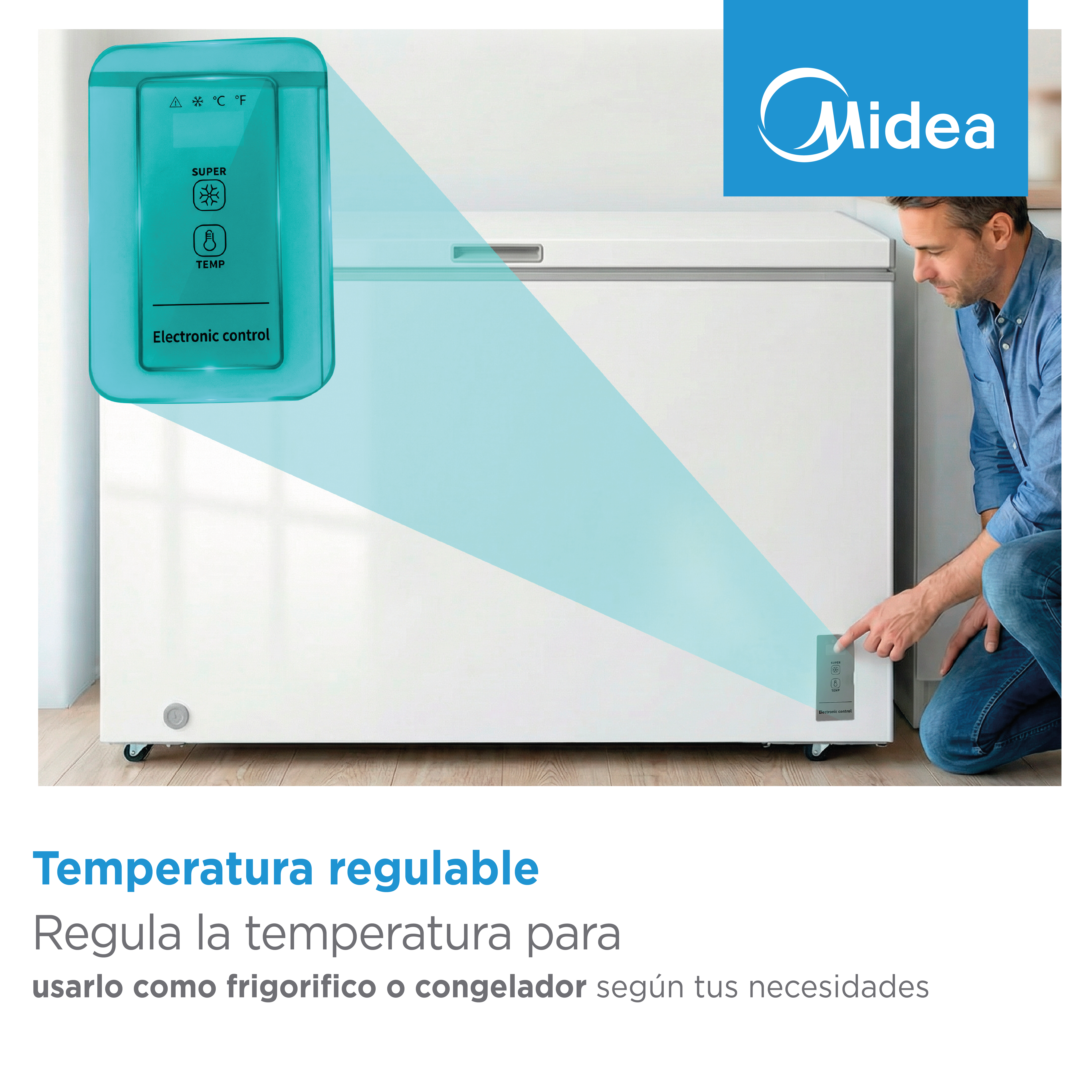 Un hombre opera el panel de control electrónico de un congelador Midea blanco.