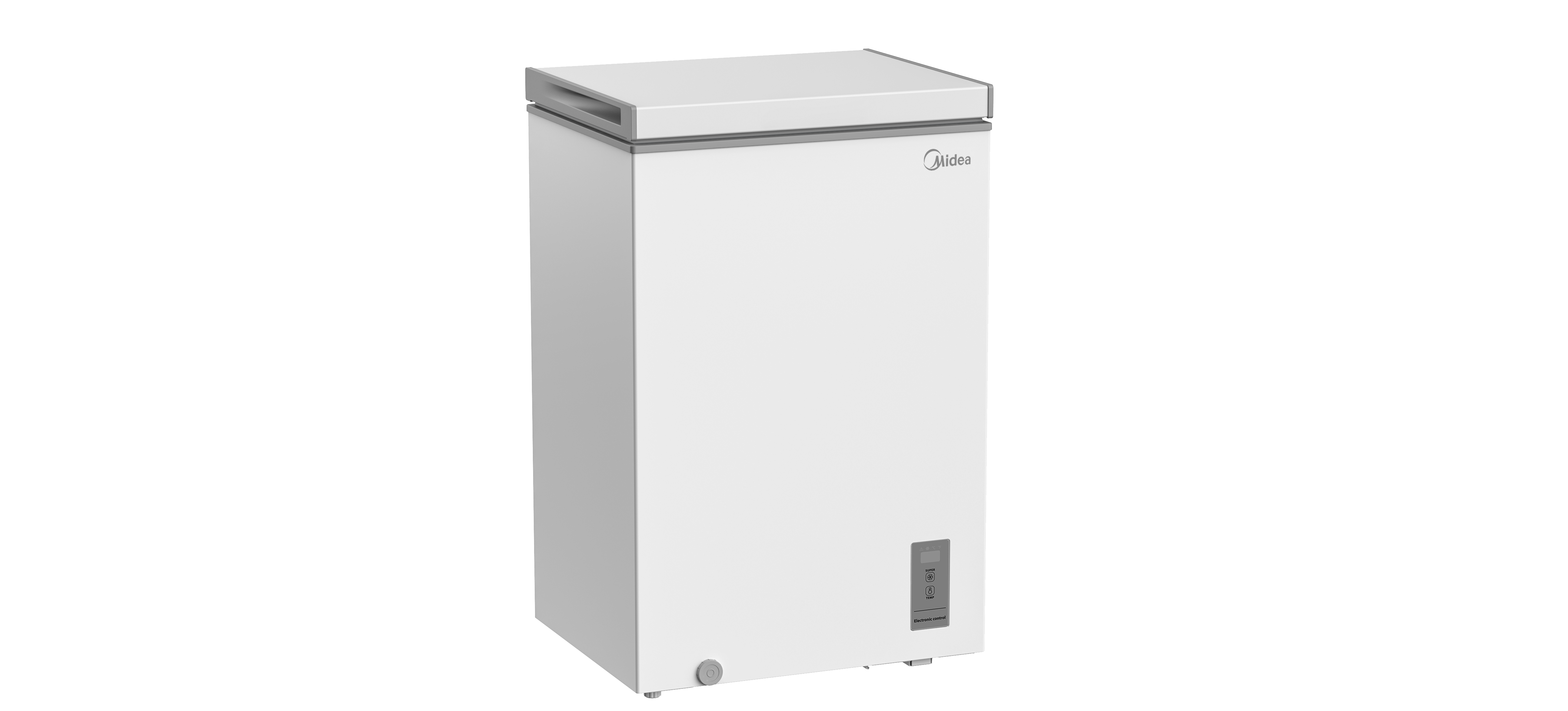 Un congelador horizontal Midea blanco con controles electrónicos y borde plateado en la tapa.