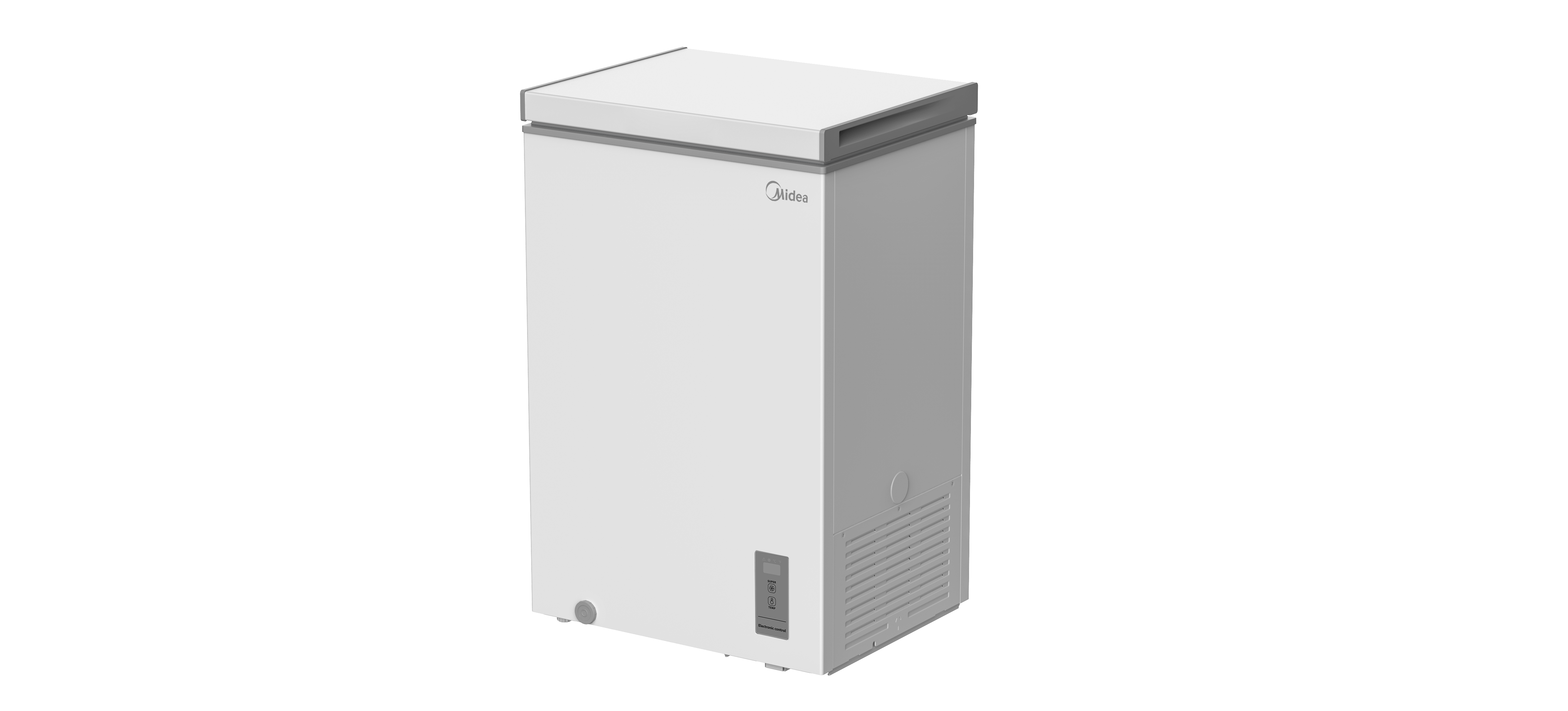 Un congelador vertical blanco Midea con asa y panel de control plateados.