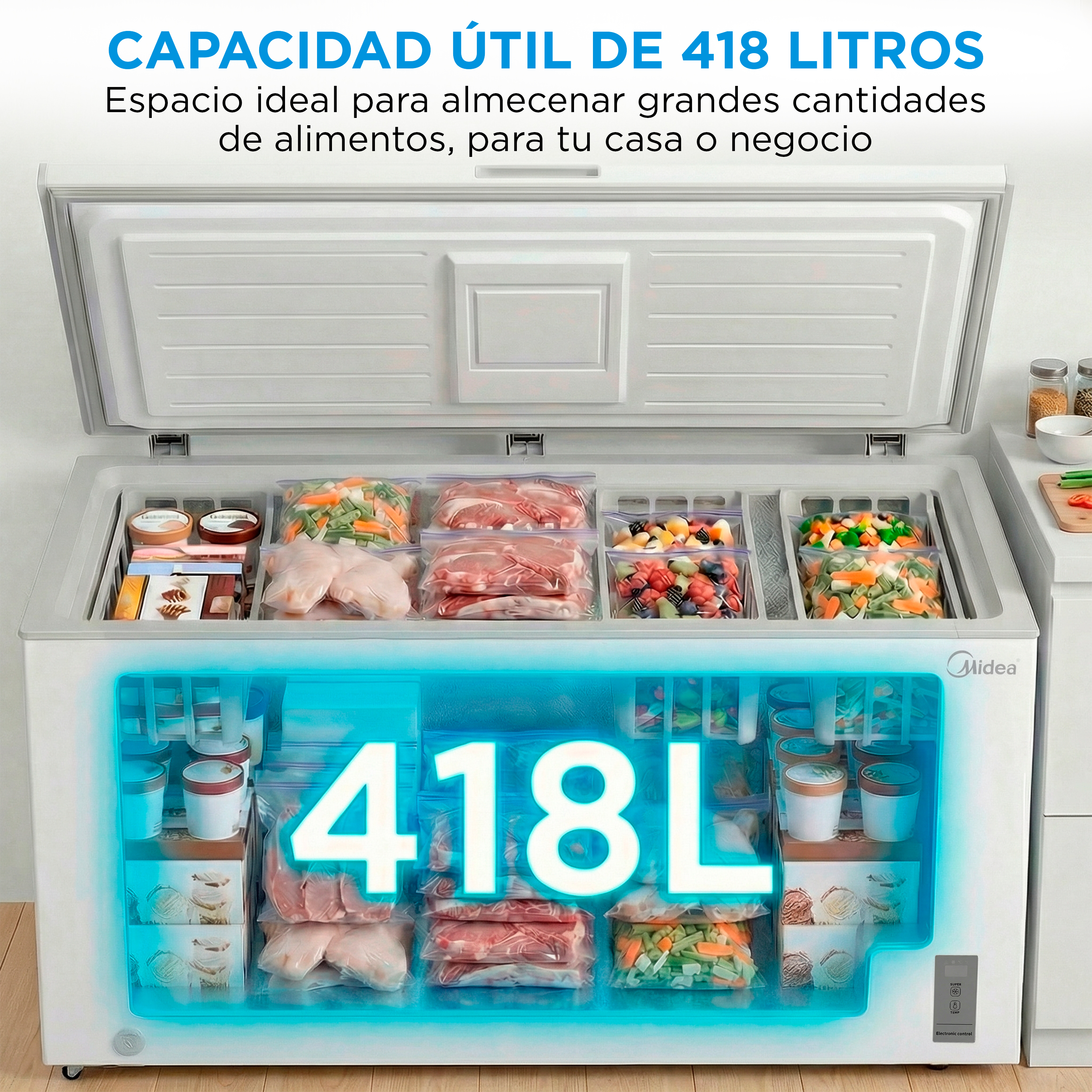 Congelador de 418L lleno de carne, verduras y frutas.