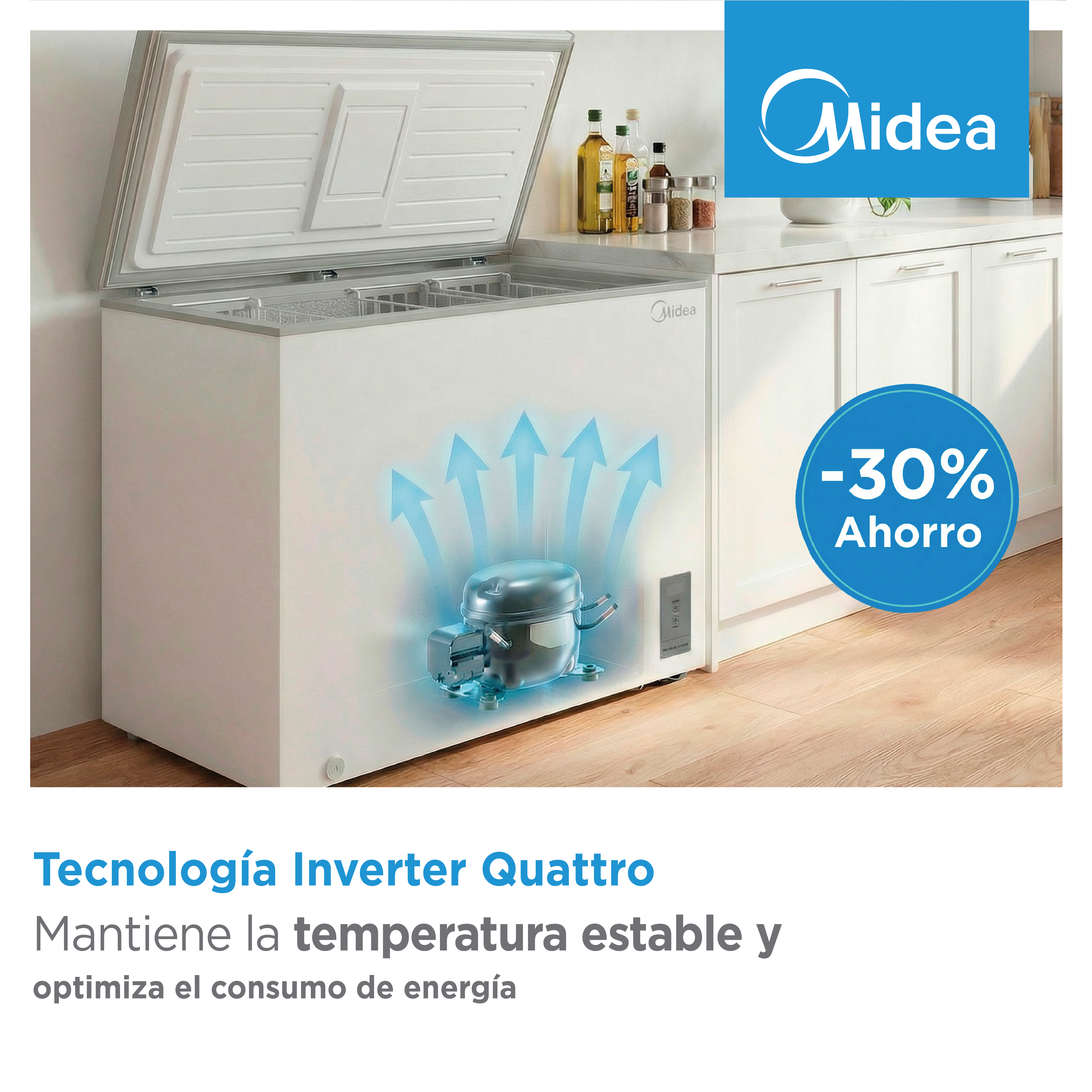 Un congelador horizontal blanco con la tapa abierta, mostrando un compresor y flechas.
