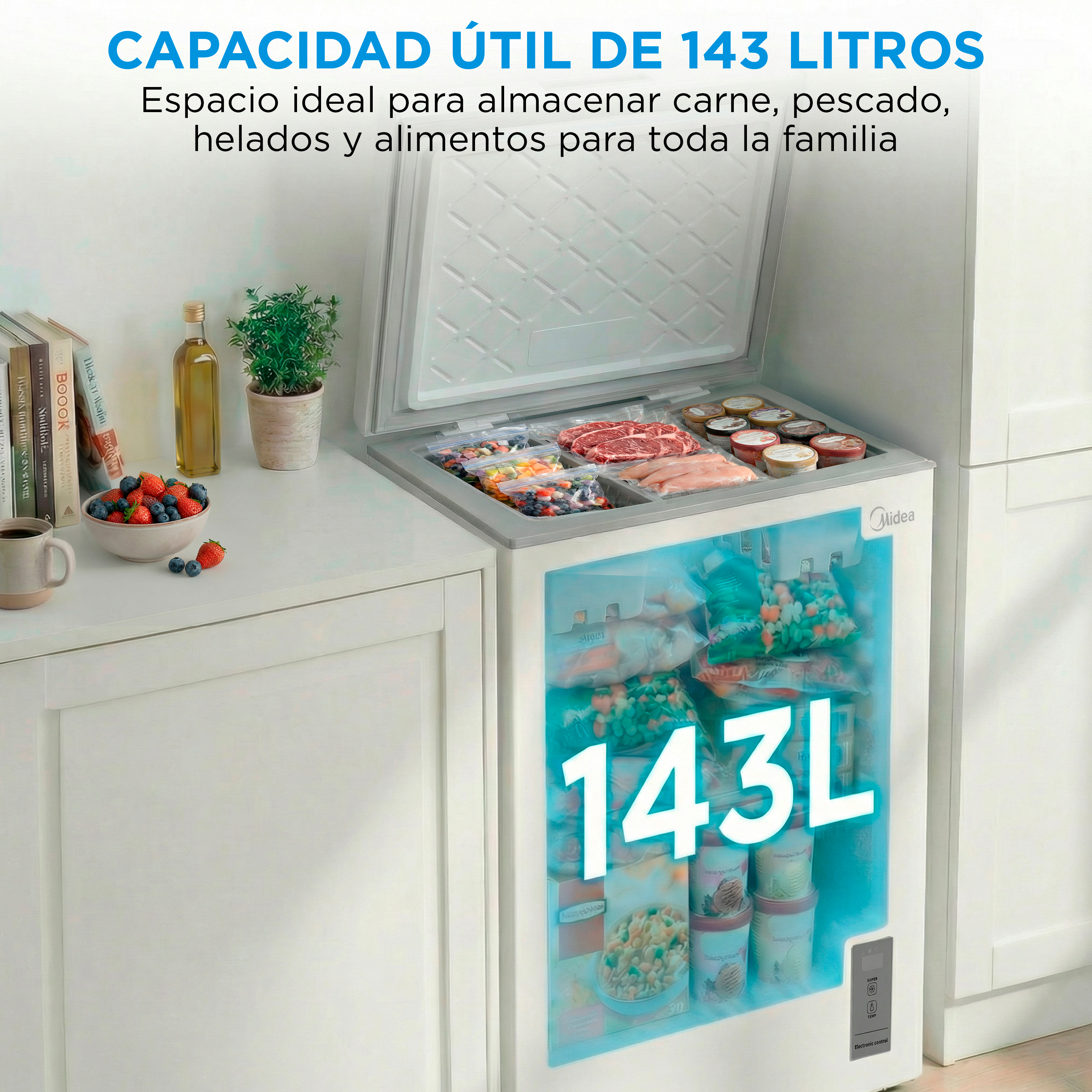 Congelador de 143L con carne, pescado, helado y bayas.