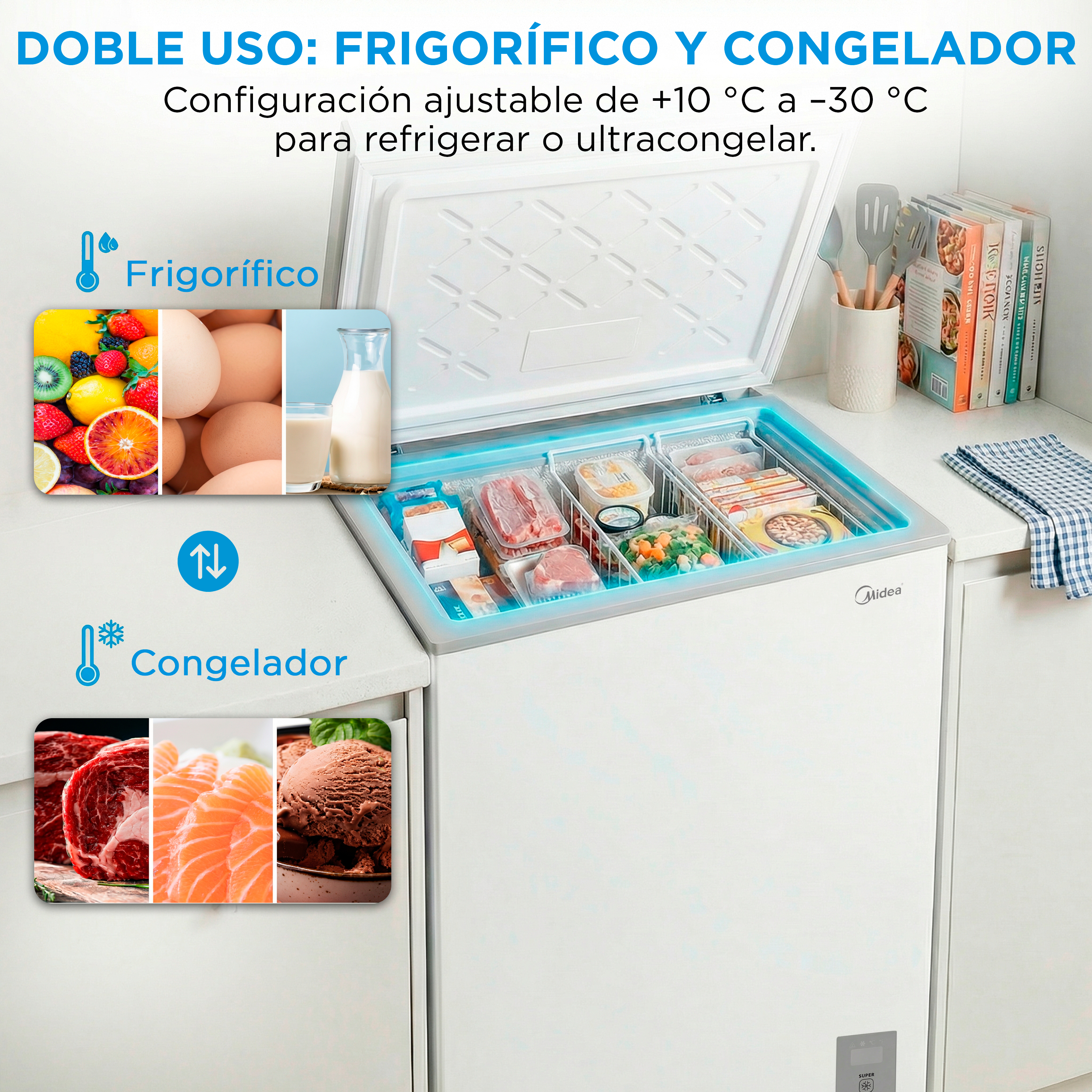Un congelador horizontal abierto con comida, libros y utensilios de cocina.
