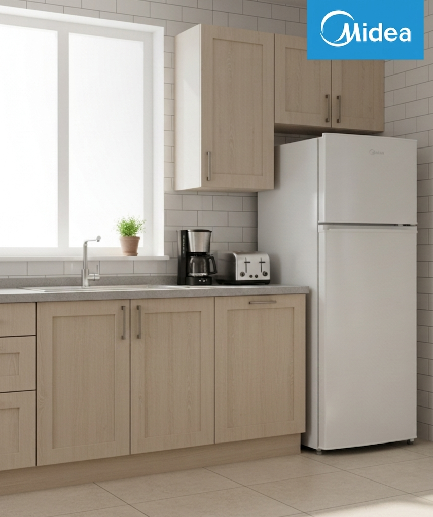 Una cocina con azulejos blancos, gabinetes de madera, refrigerador, cafetera y tostadora.