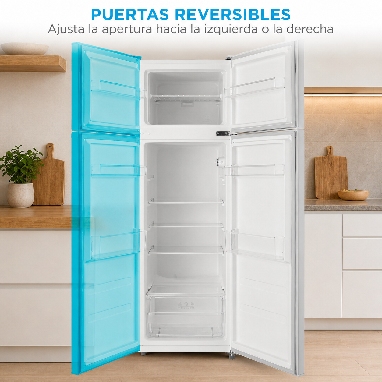 Refrigerador blanco abierto con detalles azules en la puerta izquierda. Estantes interiores visibles.