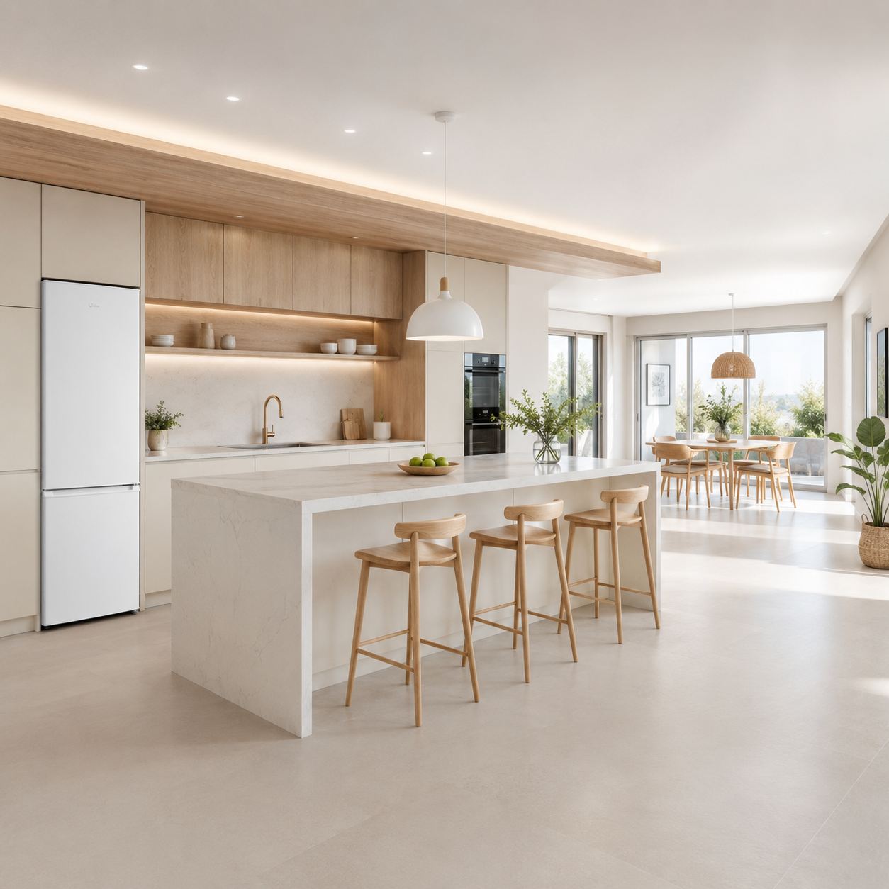 Cocina moderna con isla, refrigerador y comedor.