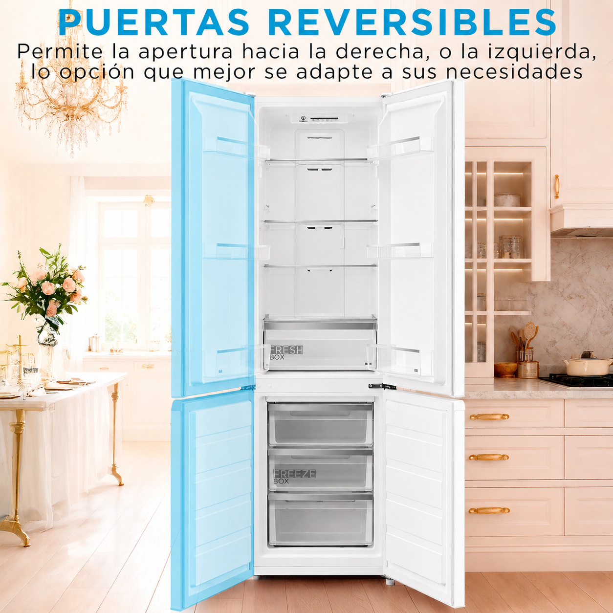 Un refrigerador blanco con puertas abiertas en una cocina. La puerta izquierda está resaltada en azul.