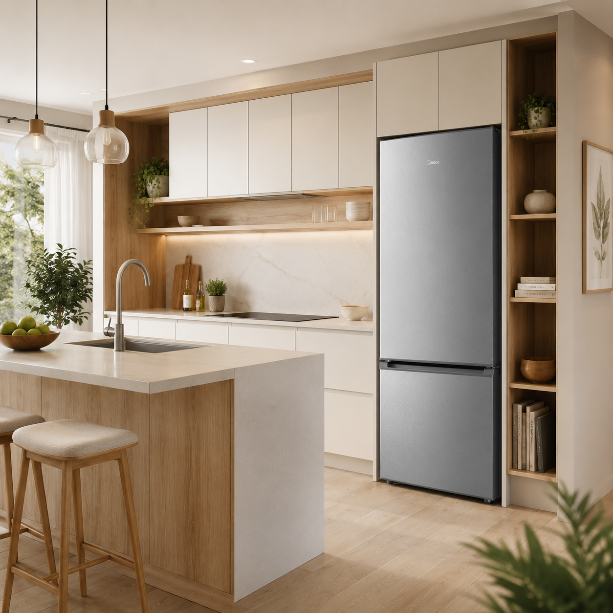 Una cocina moderna con refrigerador plateado, isla y gabinetes de madera.