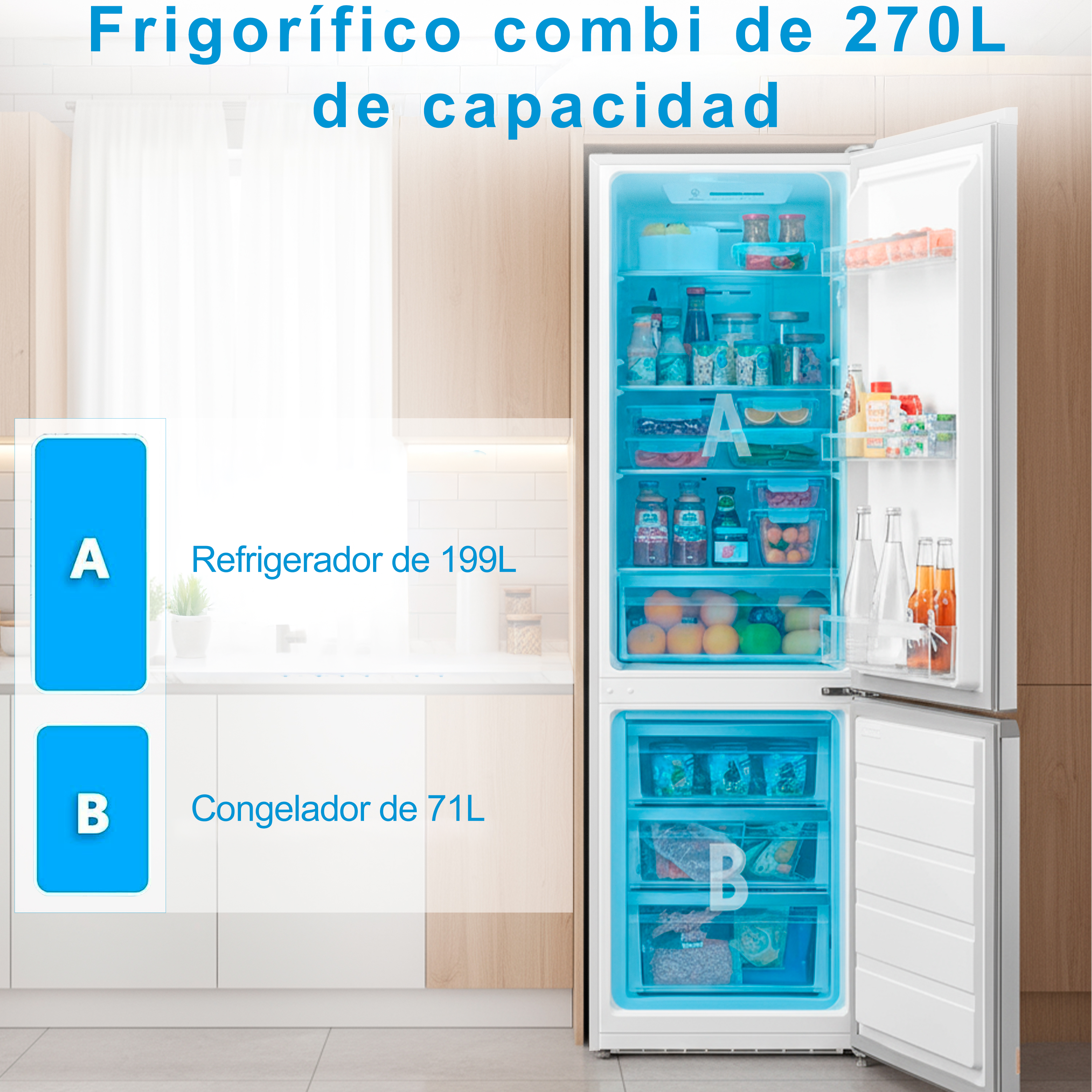 Un frigorífico combi abierto con comida. Frigorífico: 199L, Congelador: 71L.