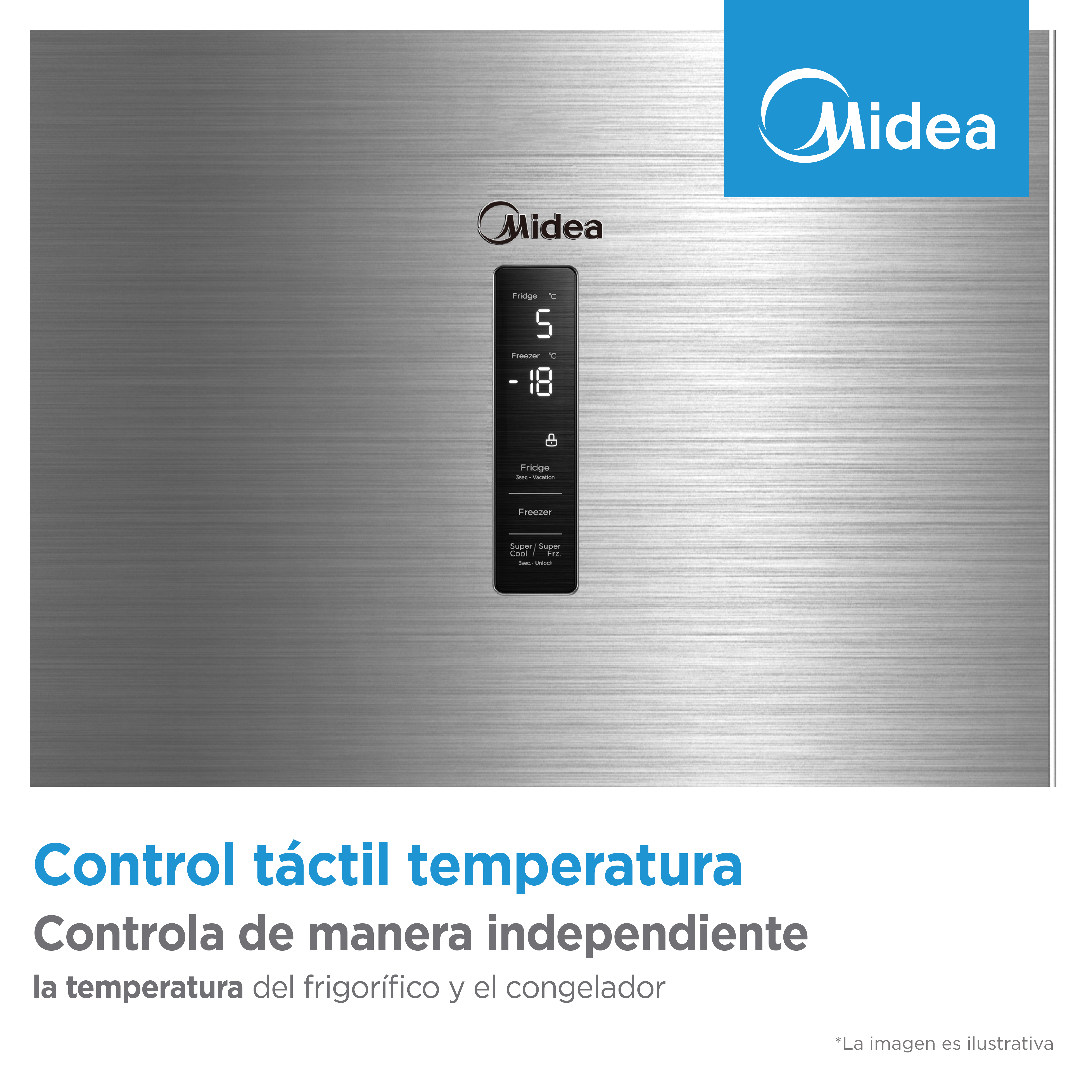 Pantalla de frigorífico Midea muestra 5°C para nevera y -18°C para congelador.