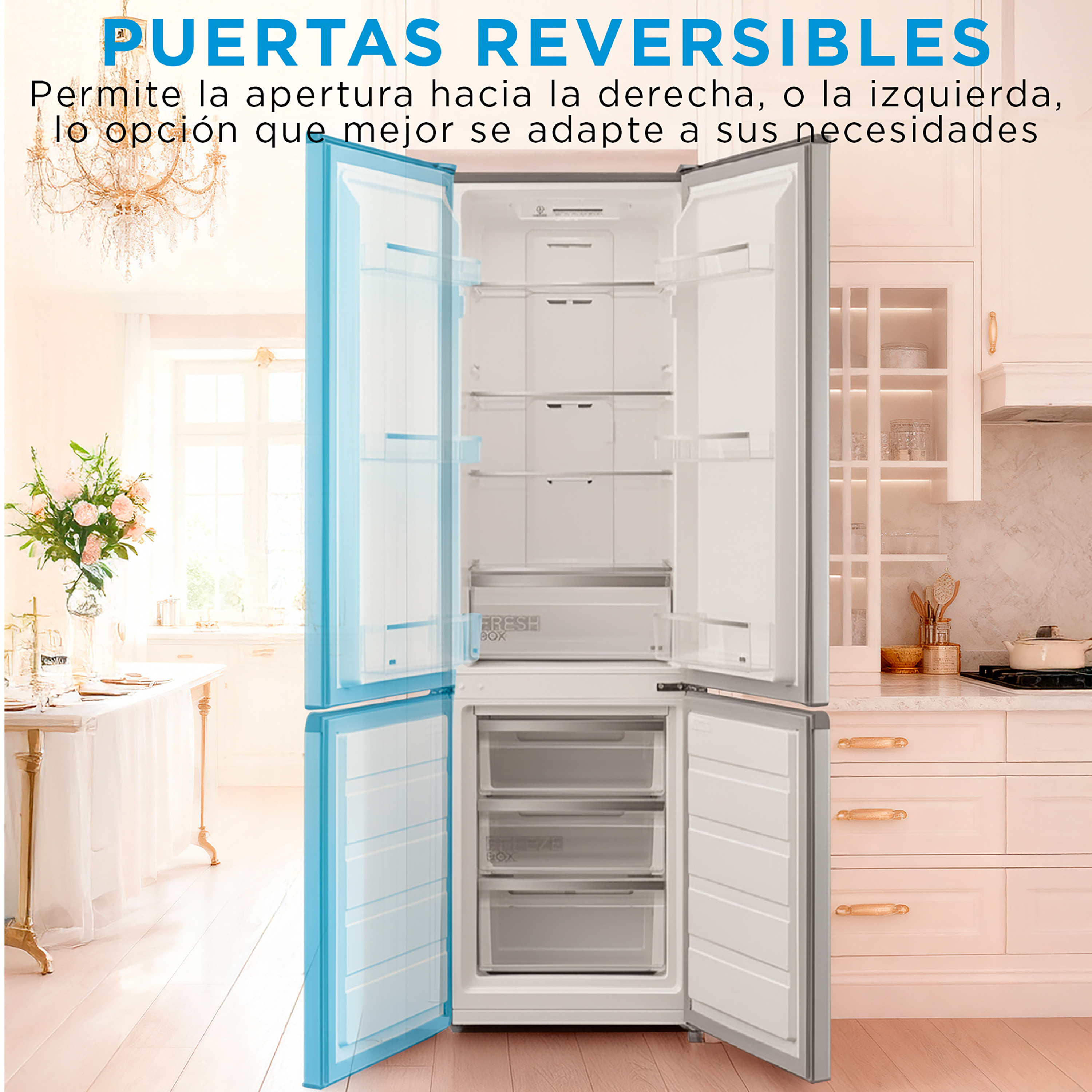 Un refrigerador abierto con borde azul en una cocina y comedor luminosos.