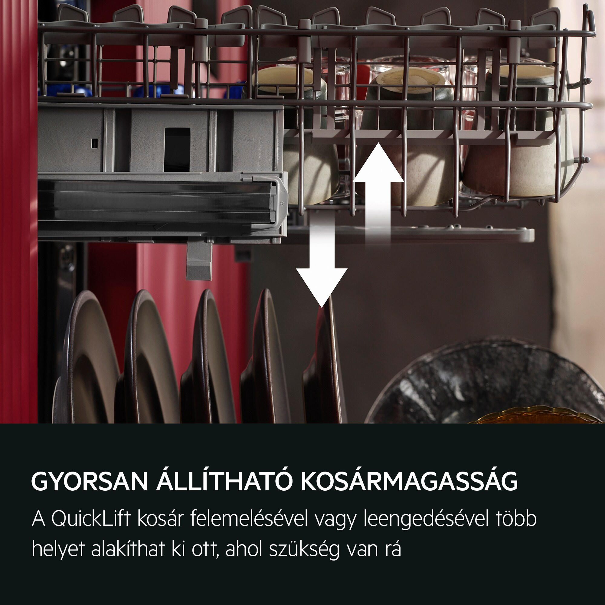 Mosogatógép kosár magasságállító nyilakkal. Alatta tányérokkal.
