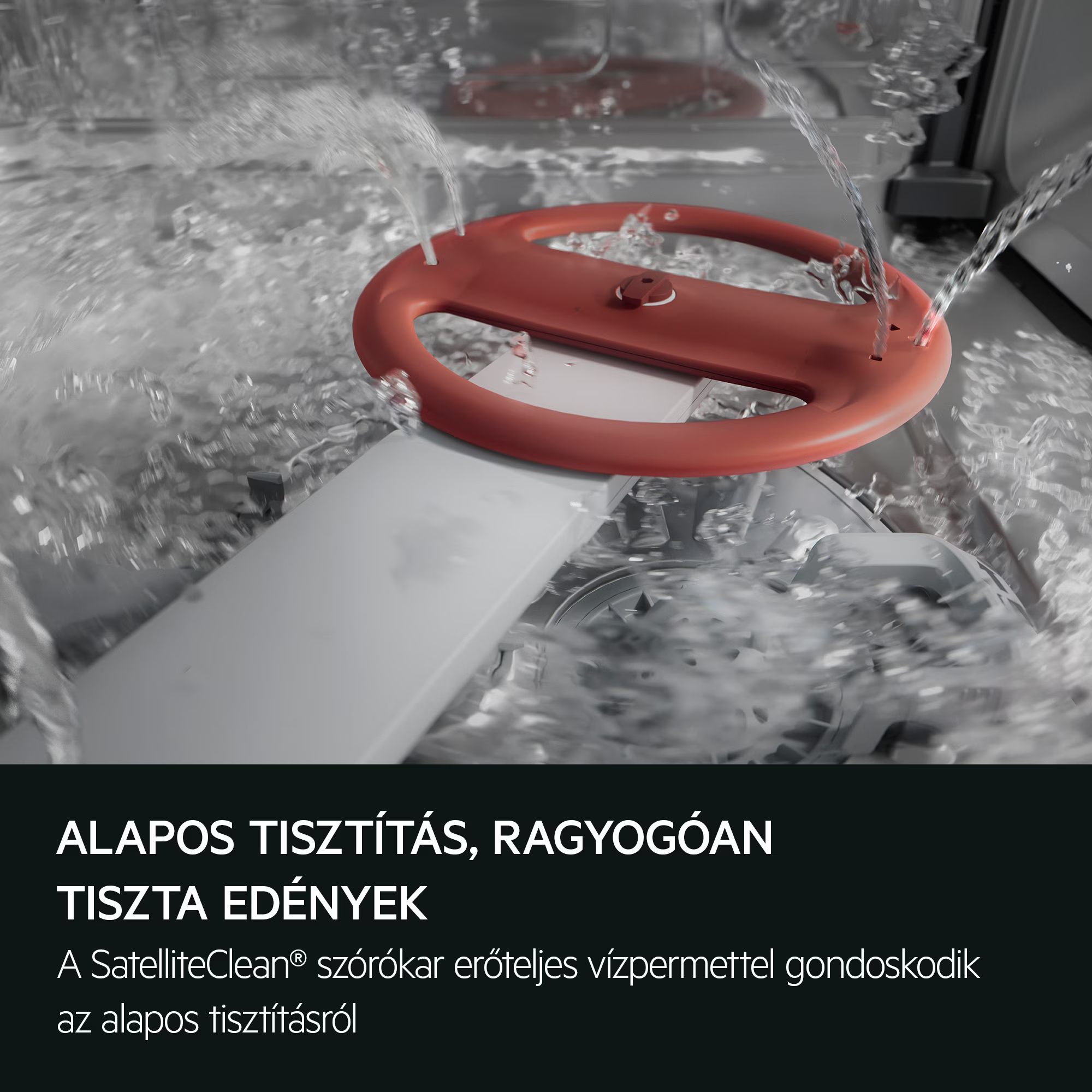Egy piros szórókar vizet permetez egy mosogatógépben.