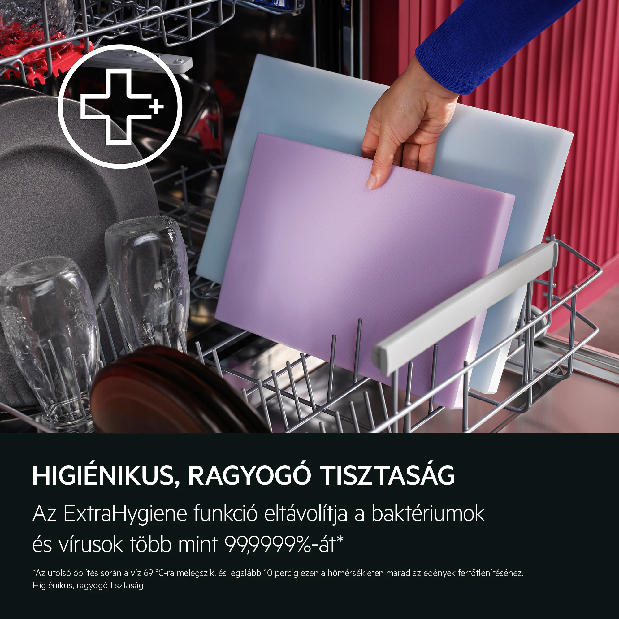 Edények a mosogatógépben. Egy kéz lila és kék vágódeszkákat helyez be.