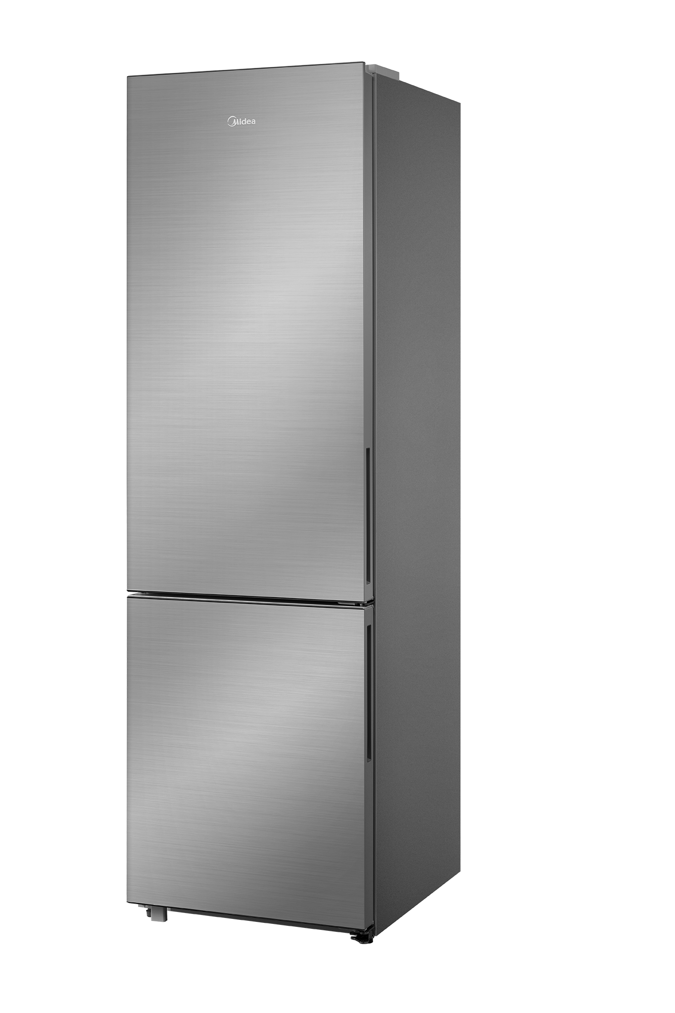 Un refrigerador Midea plateado de dos puertas de pie en el suelo.