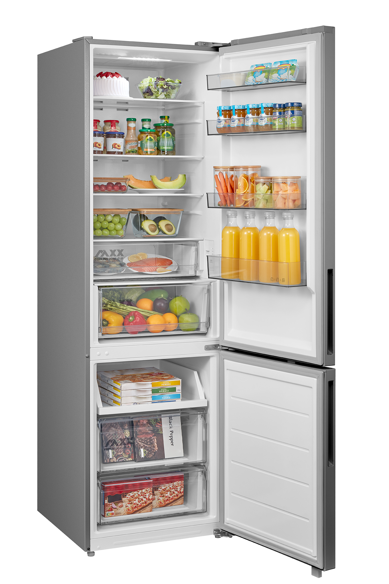 Refrigerador abierto con comida: pastel, ensalada, frascos, fruta, verduras, salmón, pizza.