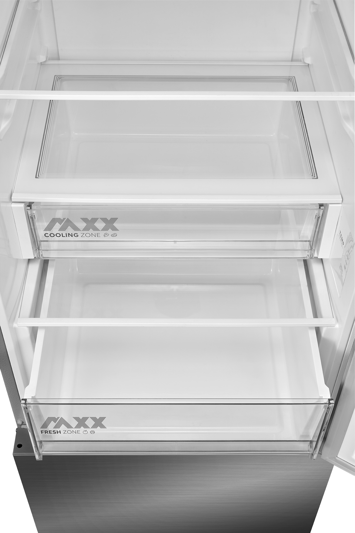 Interior de un frigorífico con dos cajones: Zona de Frío y Zona Fresca.