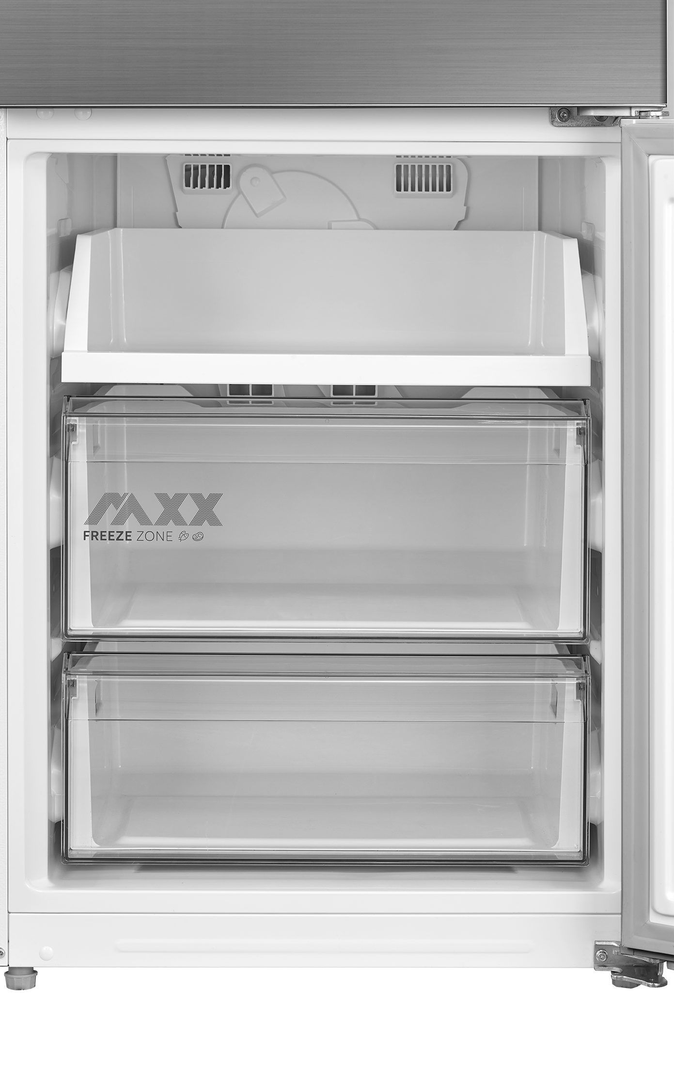 Interior de un congelador vacío con dos cajones y rejillas de ventilación.